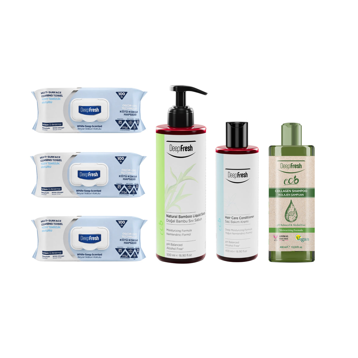 Şerveţele multi suprafeţe cu bicarbonat şi oțet Clasice Odor Lock Deep Fresh 100 de bucăți × 3 pachete + Gama DeepFresh Eco