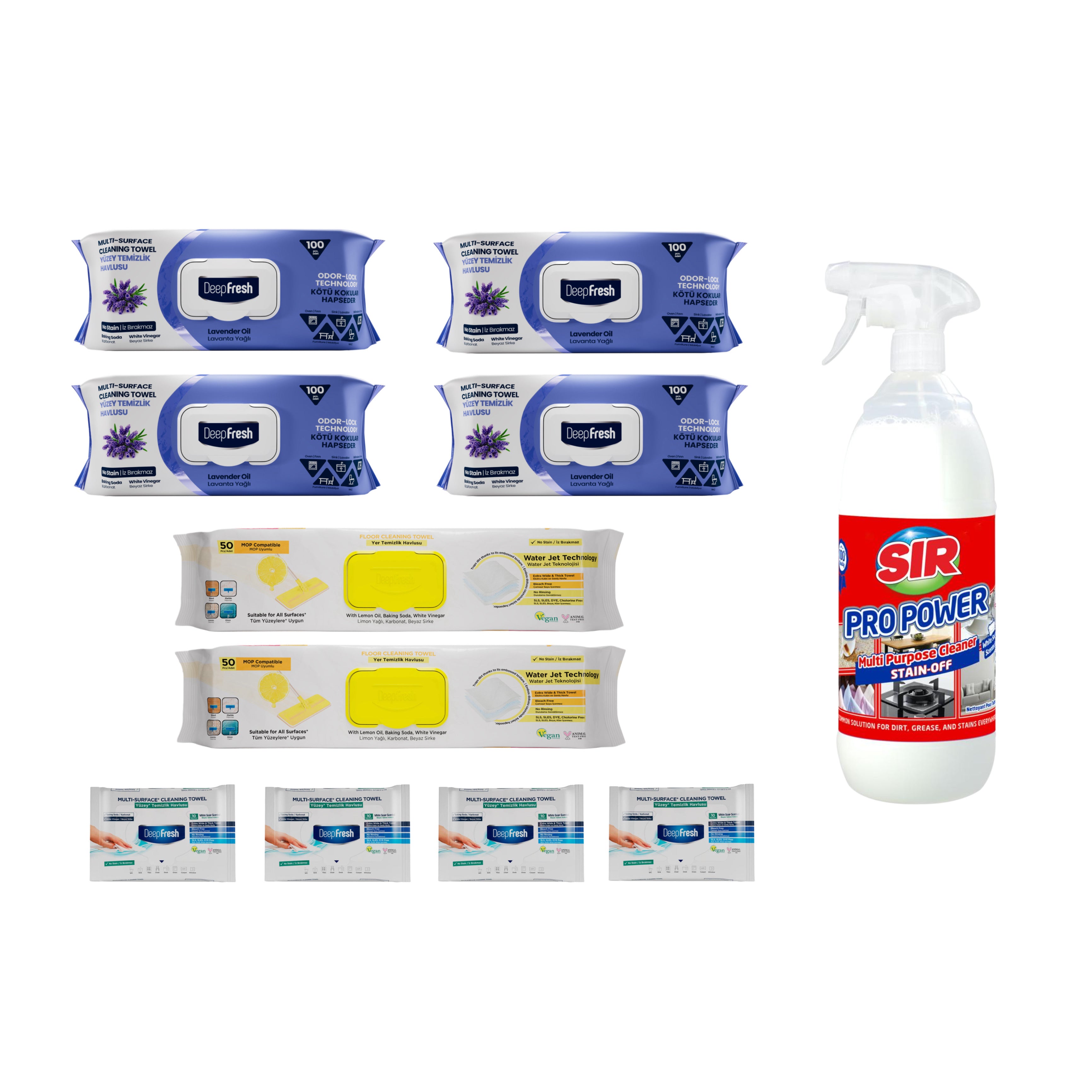 Pachet mixt : 4 șervețele Odor-Lock technology Lavandă Deep Fresh + 4 pachete Mini + 2 pachete șervețele mop lămâie + Soluţie pentru ȋndepartarea petelor multi suprafeţe Sir Pro Power