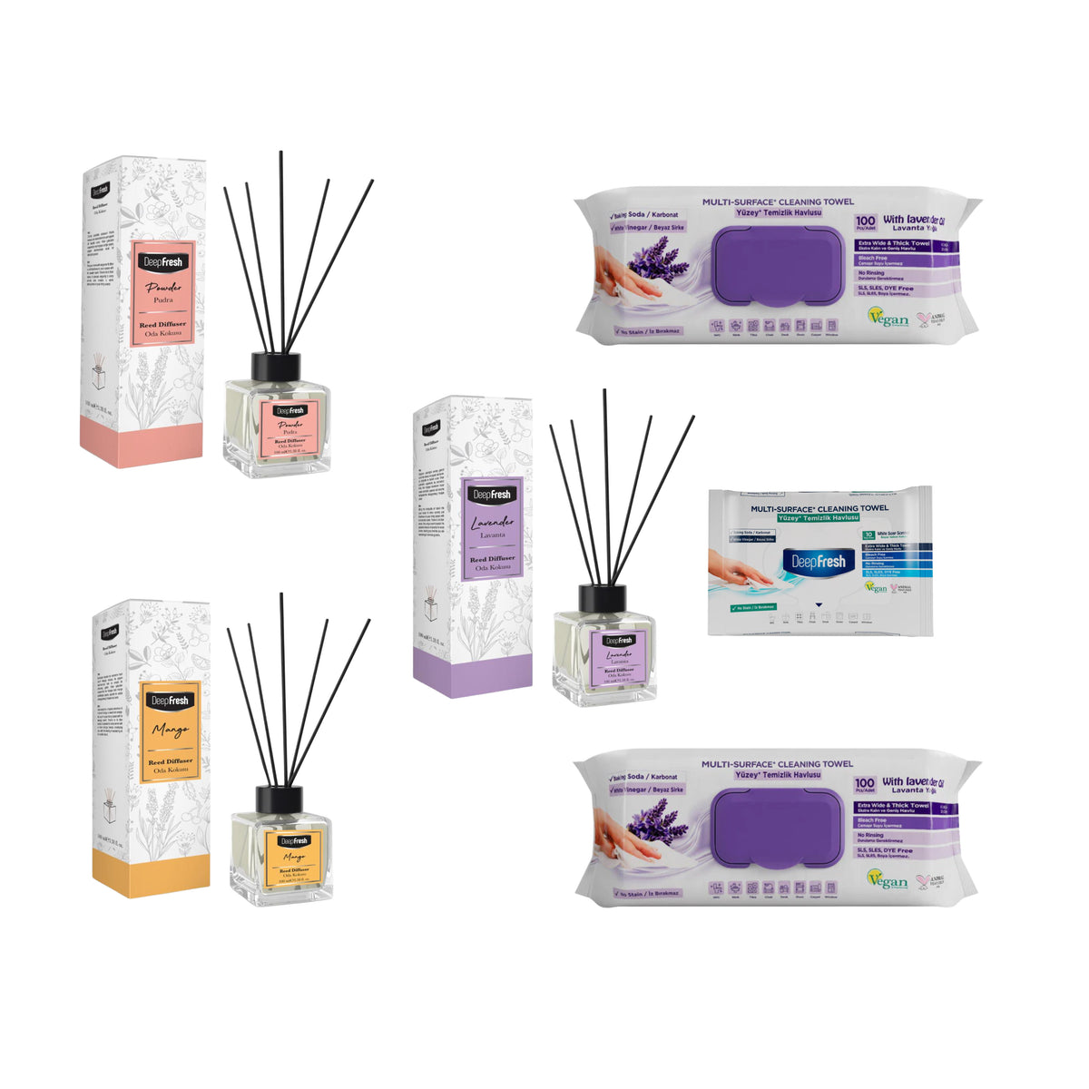 Odorizant de camera cu betisoare DeepFresh 100 ml × 3 bucaţi  + Şerveţele umede pentru multi suprafeţe cu lavandă , bicarbonat şi oțet Deep Fresh 100 de bucăți × 2 pachete  + Servetele umede DeepFresh 10 bucăți