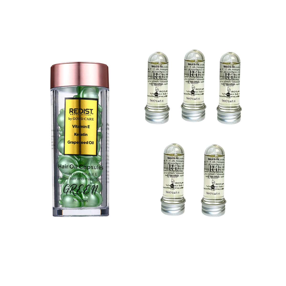 Capsule ser tratament Royal Gold by Redist + Mască de păr lichidă fiolă tratament Redist 13 ml × 5 bucăți - Redist