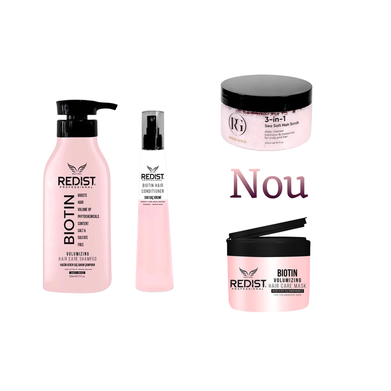 Gama Redist Biotin : Sampon Biotina 500 ml + Masca Biotina 250 ml + Balsamul bifazic pentru par cu Biotina Redist 225 ml + Scrub pentru scalp 3 în 1 Royal Gold 250 ml