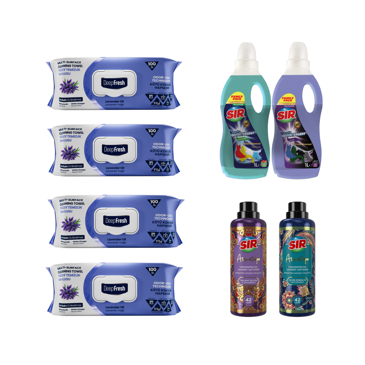 Nou : Șervețele mulți suprafețe cu Lavandă bicarbonat și oțet Deep Fresh Odor Lock Technology 100 buc × 4 pachete + Detergenți si Balsamuri rufe Sir