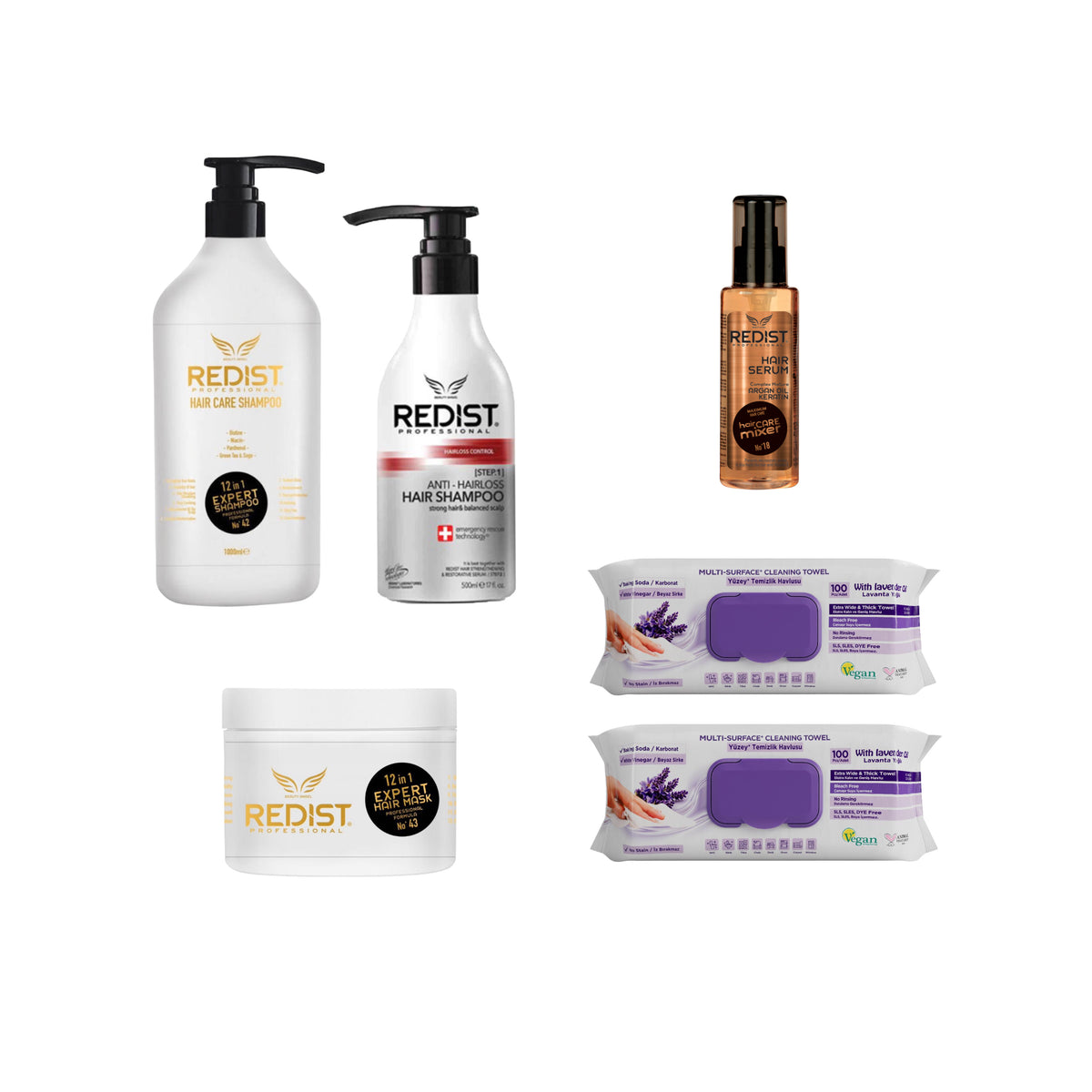 Sampon Redist Professional 12 in 1 Expert 1000 ml și Masca de păr Redist Professional 12 in 1 Expert 475 ml + Sampon Anti Hair Loss Redist 500 ml + Ser de par cu Argan si Keratina Redist 125 ml + Şerveţele umede cu lavandă , bicarbona și oțet × 2 pachete