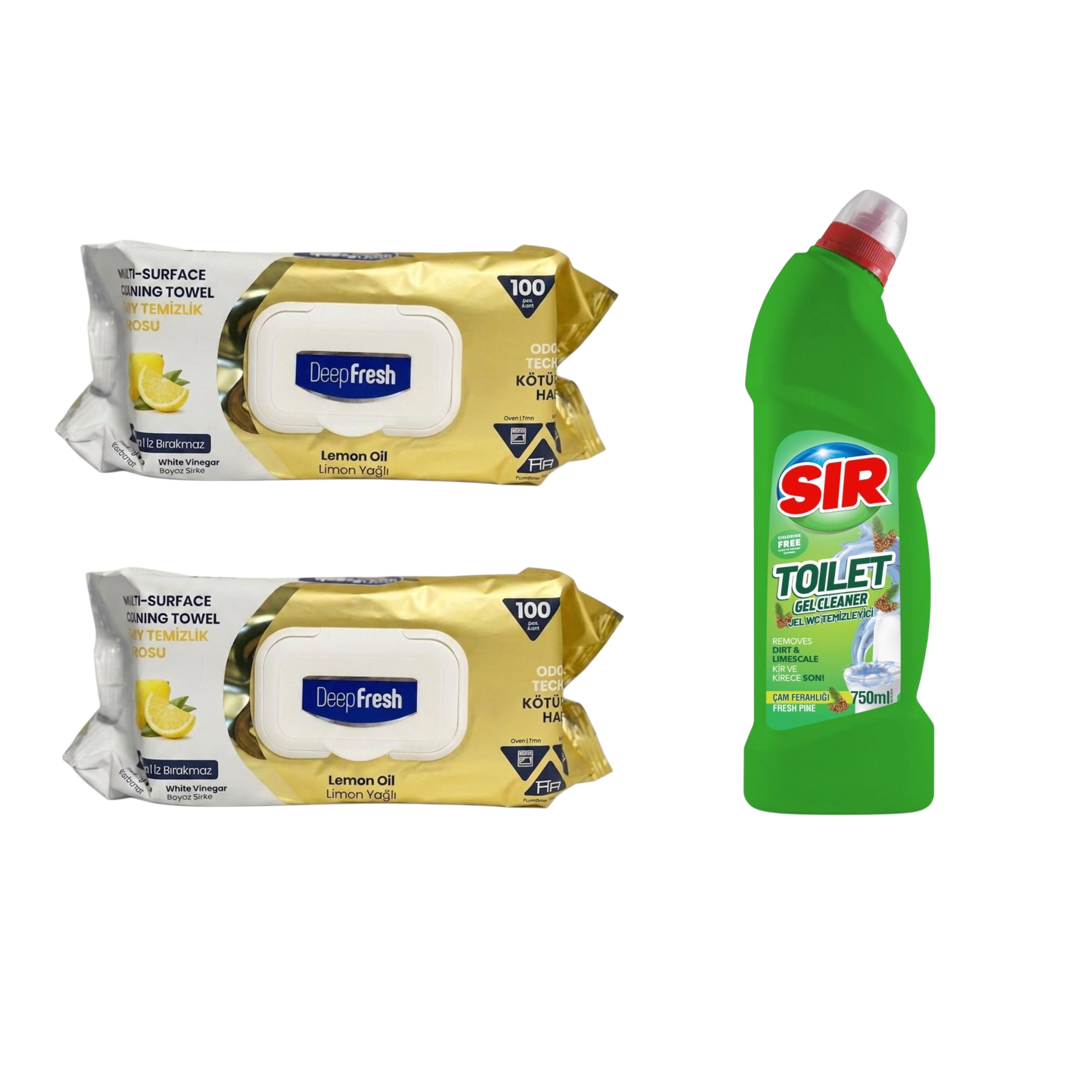 Şerveţele umede pentru multi suprafeţe cu Lămâie, bicarbonat şi oțet Deep Fresh Odor Lock Technology 100 de bucăți x 2 pachete + Soluție gel de curățare pentru vasul de toaletă Sir Fresh Pine