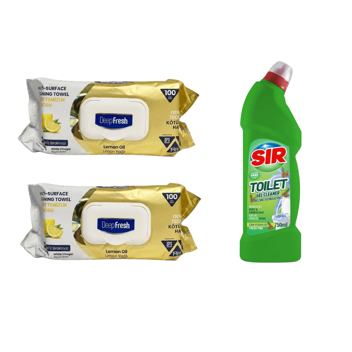 Şerveţele umede pentru multi suprafeţe cu Lămâie, bicarbonat şi oțet Deep Fresh Odor Lock Technology 100 de bucăți x 2 pachete + Soluție gel de curățare pentru vasul de toaletă Sir Fresh Pine