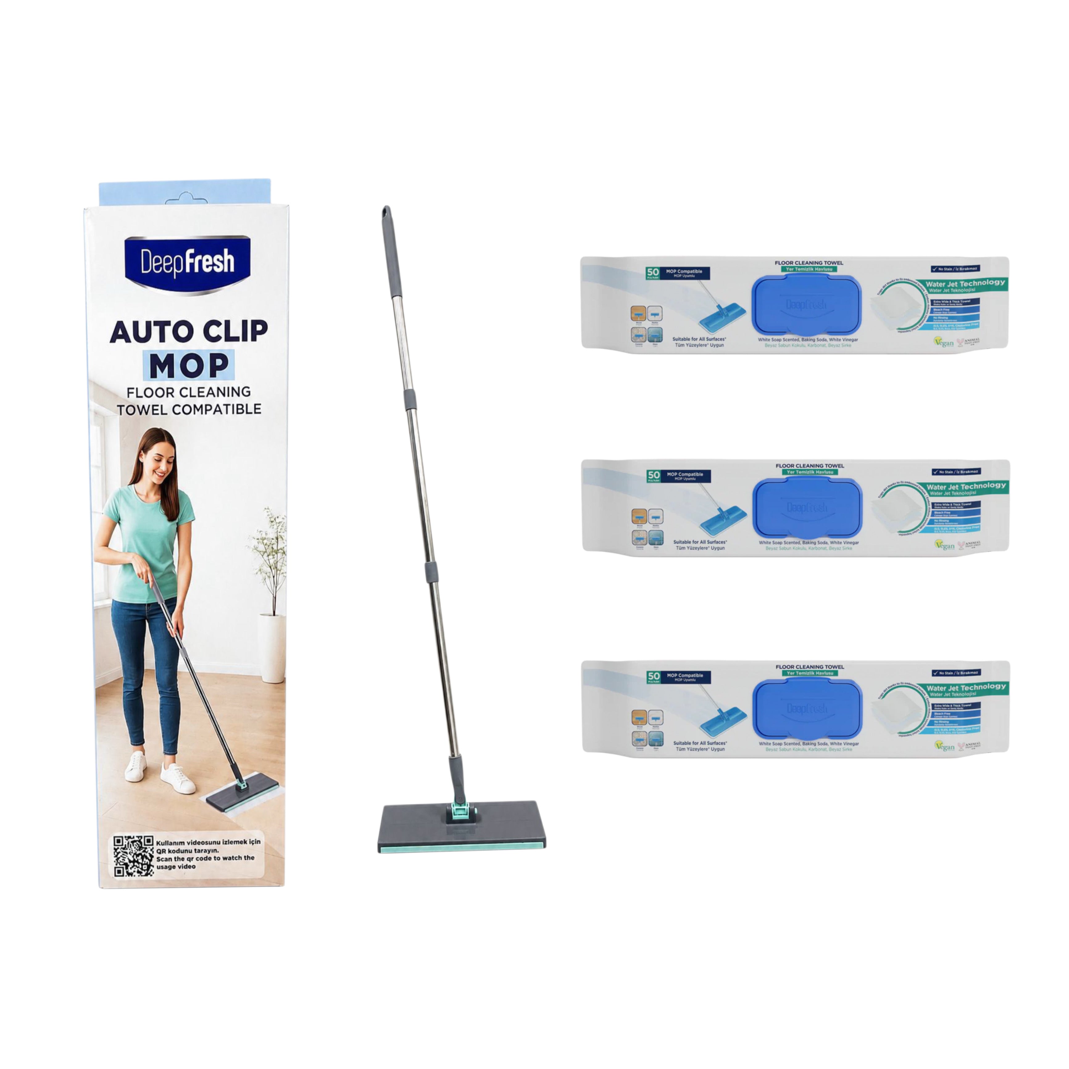 Mop cu click Deep Fresh + 3 rezerve Șervețele mop pentru multi suprafețe cu bicarbonat și oțet 50 buc