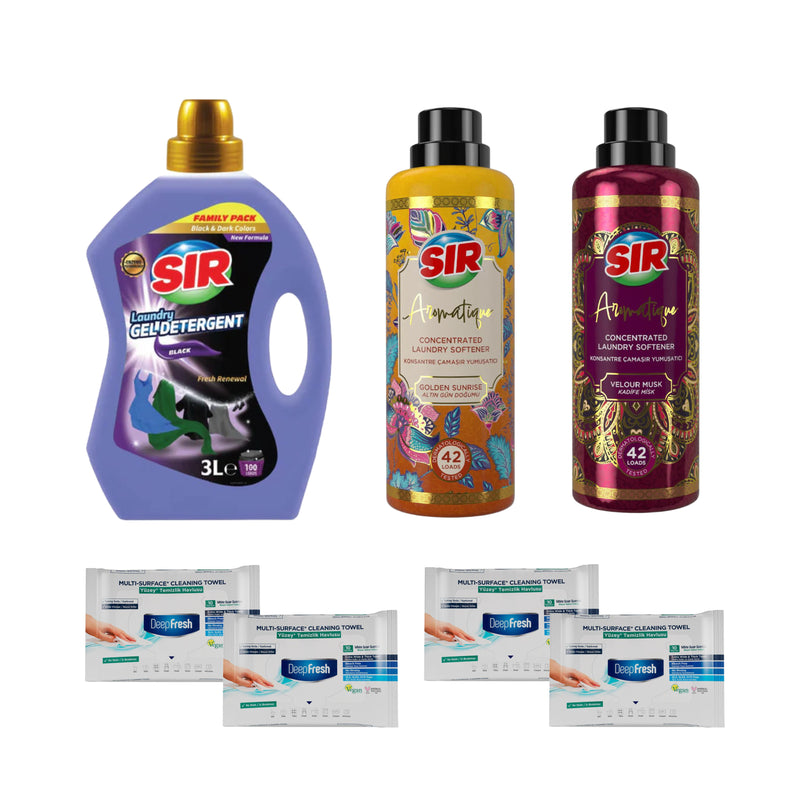 Detergent pentru haine negre Sir Black 3 litri + Balsam de rufe SIR Aromatique Concentrat 750 ml Golden + Velour  + Şerveţele umede pentru multi suprafeţe cu bicarbonat şi oțet Deep Fresh 10 bucăți × 4 pachete