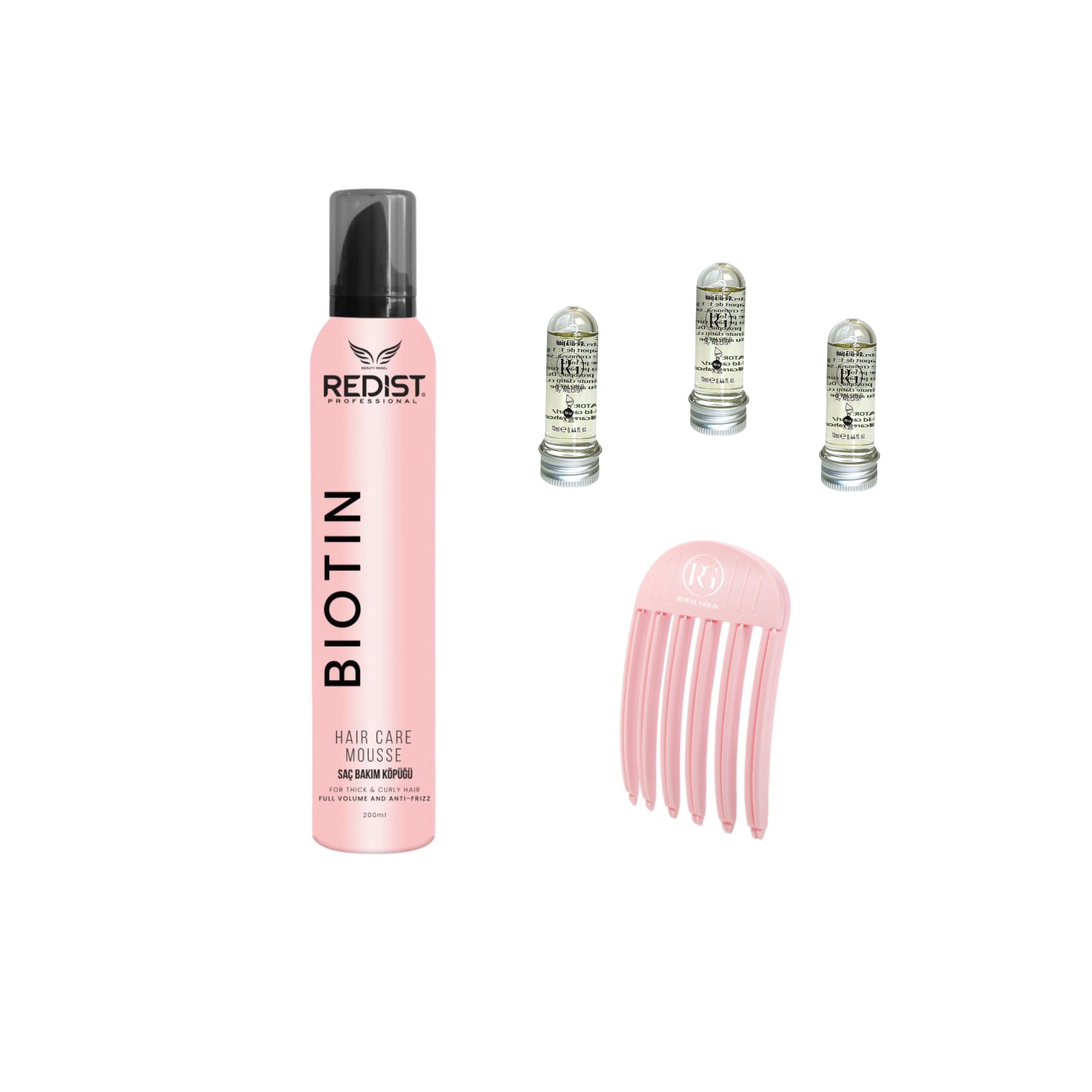 Hair Care Mousse BIOTIN Redist + Mască de păr lichidă fiolă tratament Redist x 3 bucăți+ Accesoriu pentru volumizarea părului