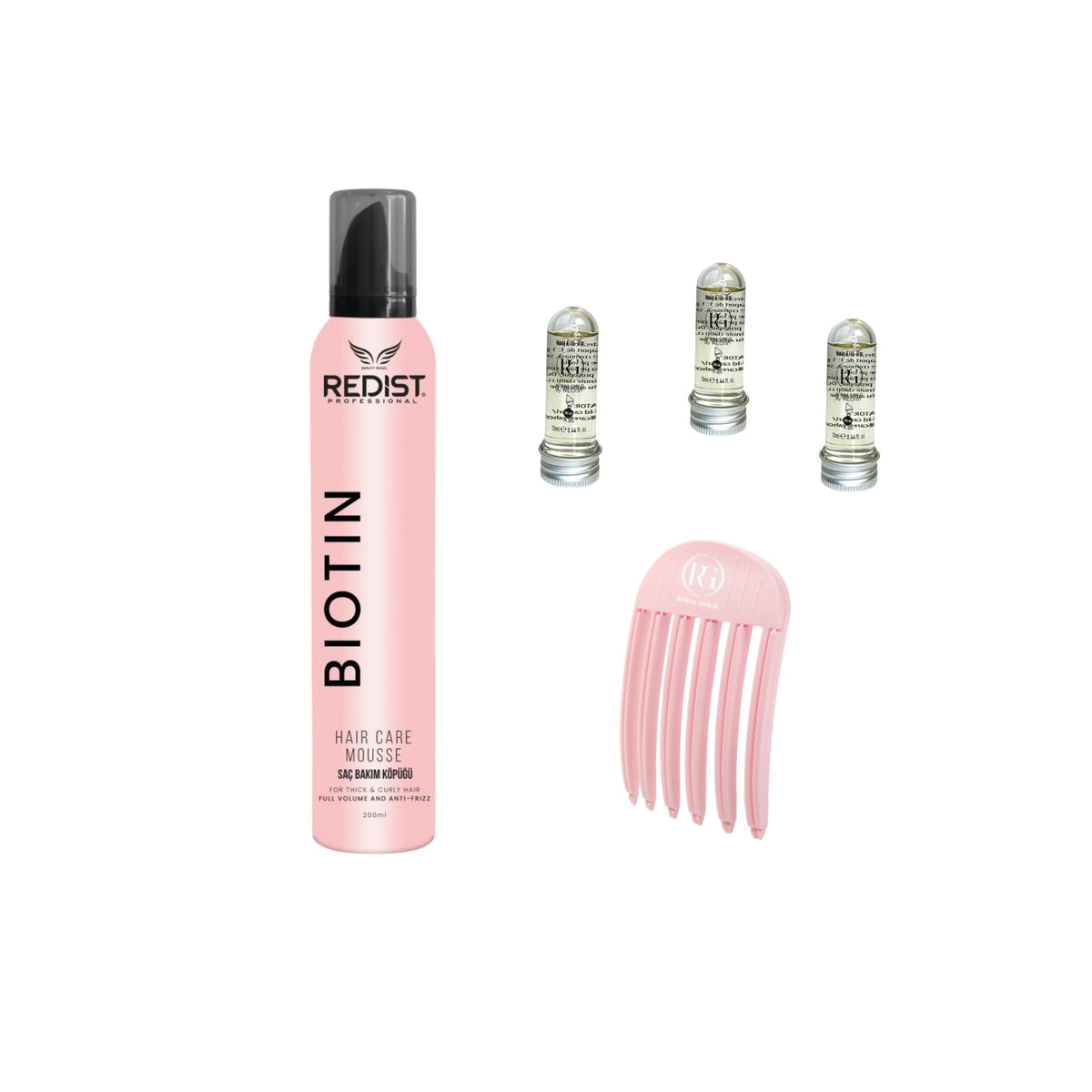 Hair Care Mousse BIOTIN Redist + Mască de păr lichidă fiolă tratament Redist x 3 bucăți+ Accesoriu pentru volumizarea părului