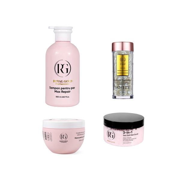 Gama Max Repair Pink pentru reparare intensă + Scrub pentru scalp 3 în 1 + Capsule ser tratament Cocos