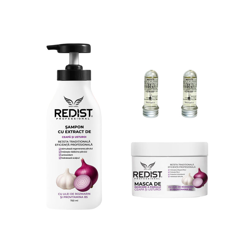 Șampon și Mască cu extract de ceapa si usturoi Redist + Mască de păr lichidă fiolă tratament Redist 13 ml × 2 bucăți