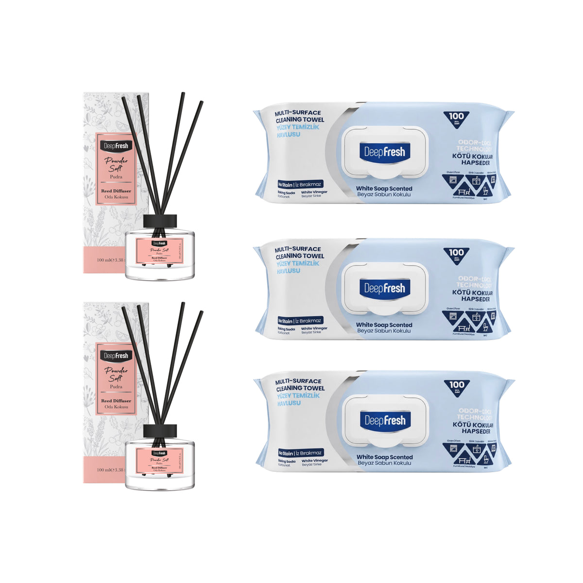 Şerveţele multi suprafeţe cu bicarbonat şi oțet Clasice Odor Lock Deep Fresh 100 de bucăți × 3 pachete + Odorizant de cameră cu bețişoare DeepFresh POWDER × 2 bucăți