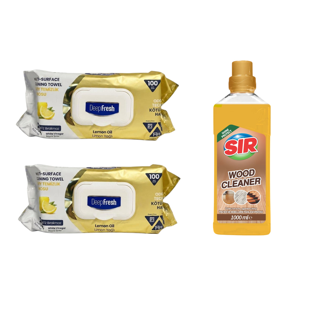 Şerveţele umede pentru multi suprafeţe cu Lămâie, bicarbonat şi oțet Deep Fresh Odor Lock Technology 100 de bucăți x 2 pachete + Soluție pentru parchet Sir Shine Protect