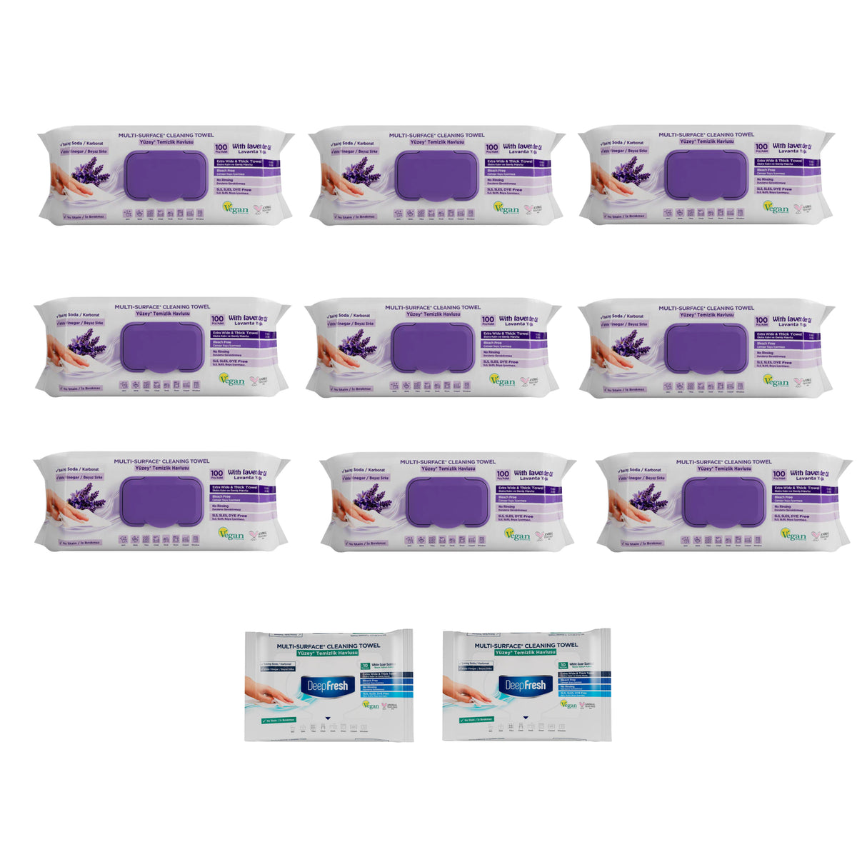 Şerveţele umede pentru multi suprafeţe cu lavandă , bicarbonat şi oțet Deep Fresh 100 de bucăți × 9 pachete + Şerveţele umede pentru multi suprafeţe cu bicarbonat şi oțet Deep Fresh 10 bucăți × 2 pachete - Redist