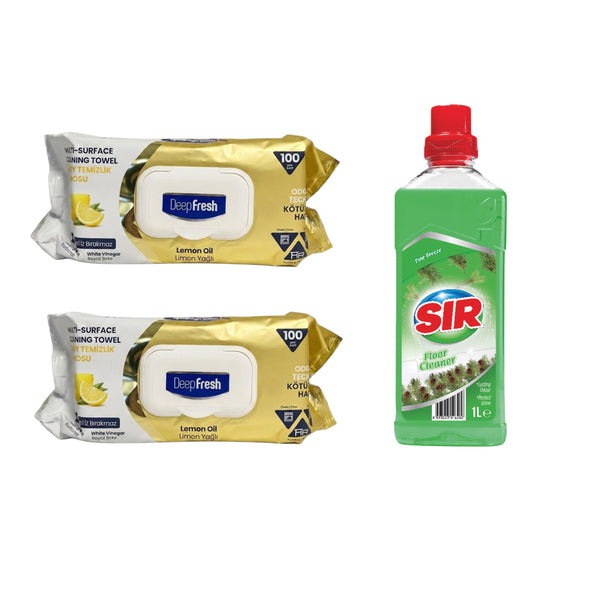 Şerveţele umede pentru multi suprafeţe cu Lămâie, bicarbonat şi oțet Deep Fresh Odor Lock Technology 100 de bucăți x 2 pachete + Soluție pentru suprafețe Sir Pin