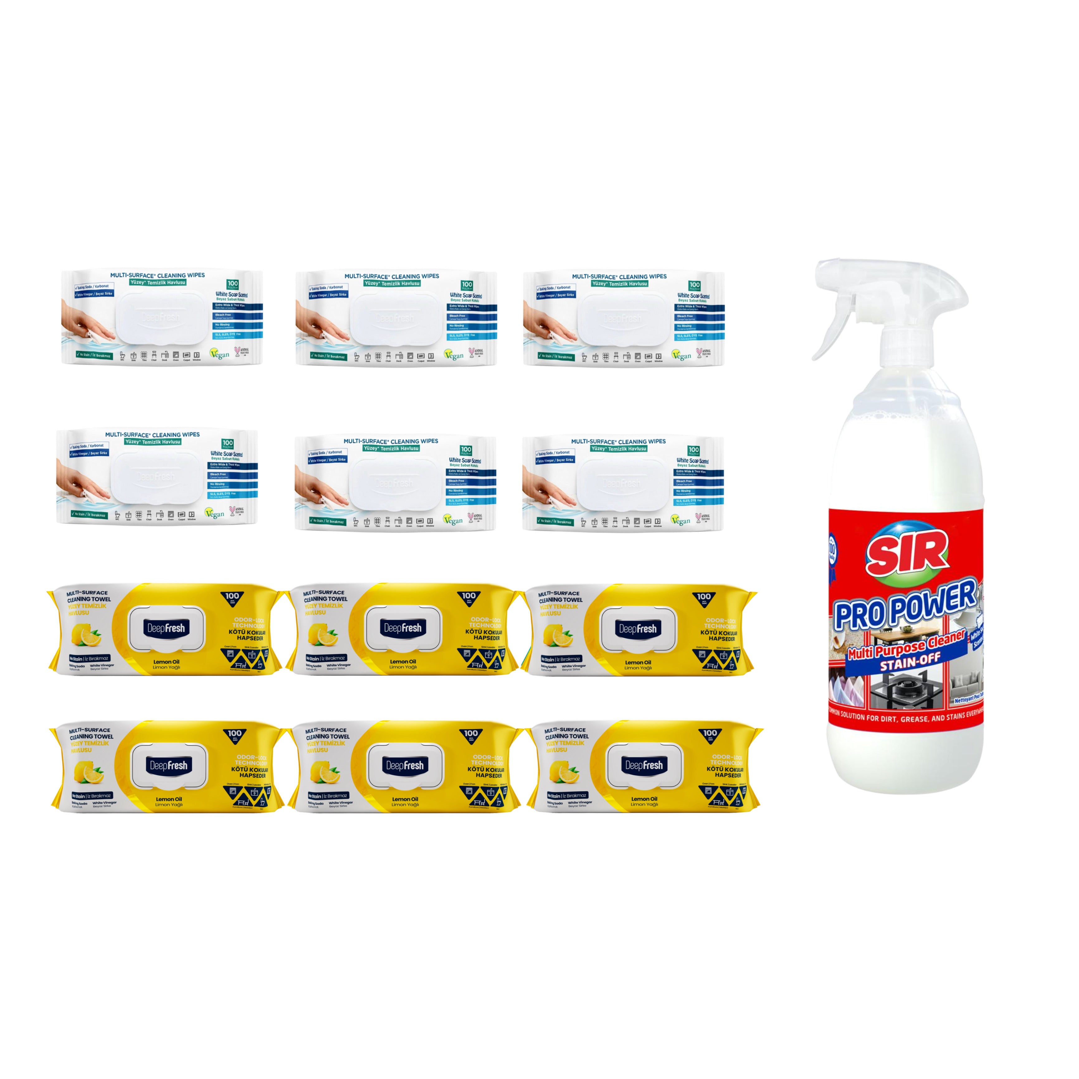Pachet 12 șervețele Odor-Lock technology Deep Fresh Clasice și Lămâie + Soluţie pentru ȋndepartarea petelor multi suprafeţe Sir Pro Power