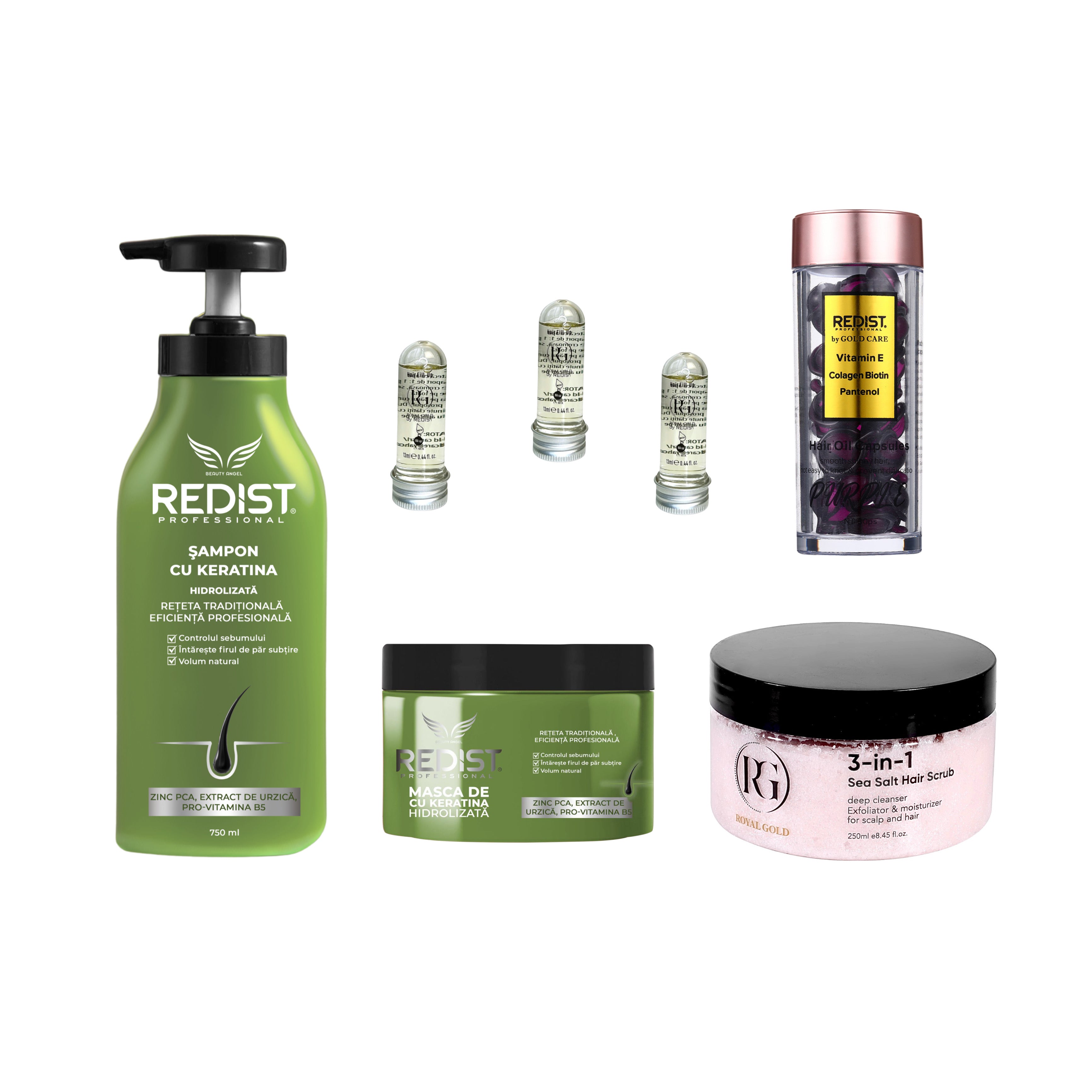 Gama pentru hidratare cu Keratină Hidrolizată Redist + Scrub pentru scalp 3 în 1 + Capsule ser tratament Biotin + 3 x mască lichidă reparatoare Royal Gold