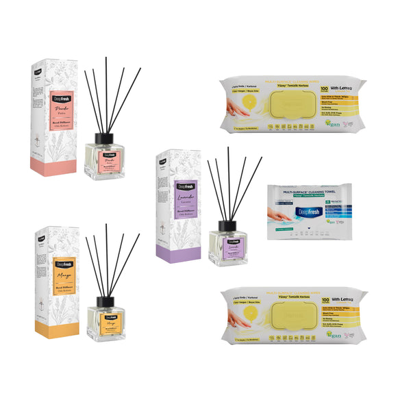 Odorizant de camera cu betisoare DeepFresh 100 ml × 3 bucaţi  + Şerveţele umede pentru multi suprafeţe cu lămâie , bicarbonat şi oțet Deep Fresh 100 de bucăți × 2 pachete  + Servetele umede DeepFresh 10 bucăți - Redist
