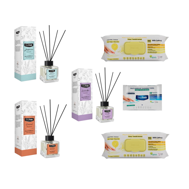 Odorizant de camera cu betisoare DeepFresh 100 ml × 3 bucaţi  + Şerveţele umede pentru multi suprafeţe cu lămâie , bicarbonat şi oțet Deep Fresh 100 de bucăți × 2 pachete  + Servetele umede DeepFresh 10 bucăți