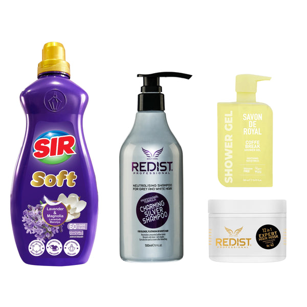 Șampon nuanțator Silver Redist + Mască de păr 12 în 1 Expert + Gel de duș Coffe Break + Balsam Rufe Lavandă & Magnolie