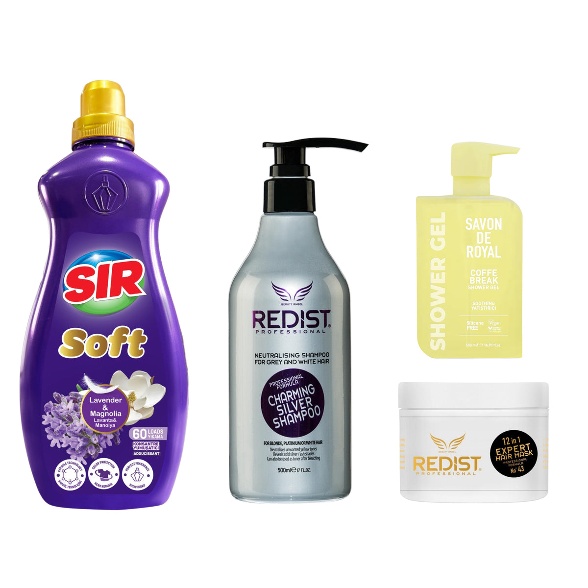 Șampon nuanțator Silver Redist + Mască de păr 12 în 1 Expert + Gel de duș Coffe Break + Balsam Rufe Lavandă & Magnolie