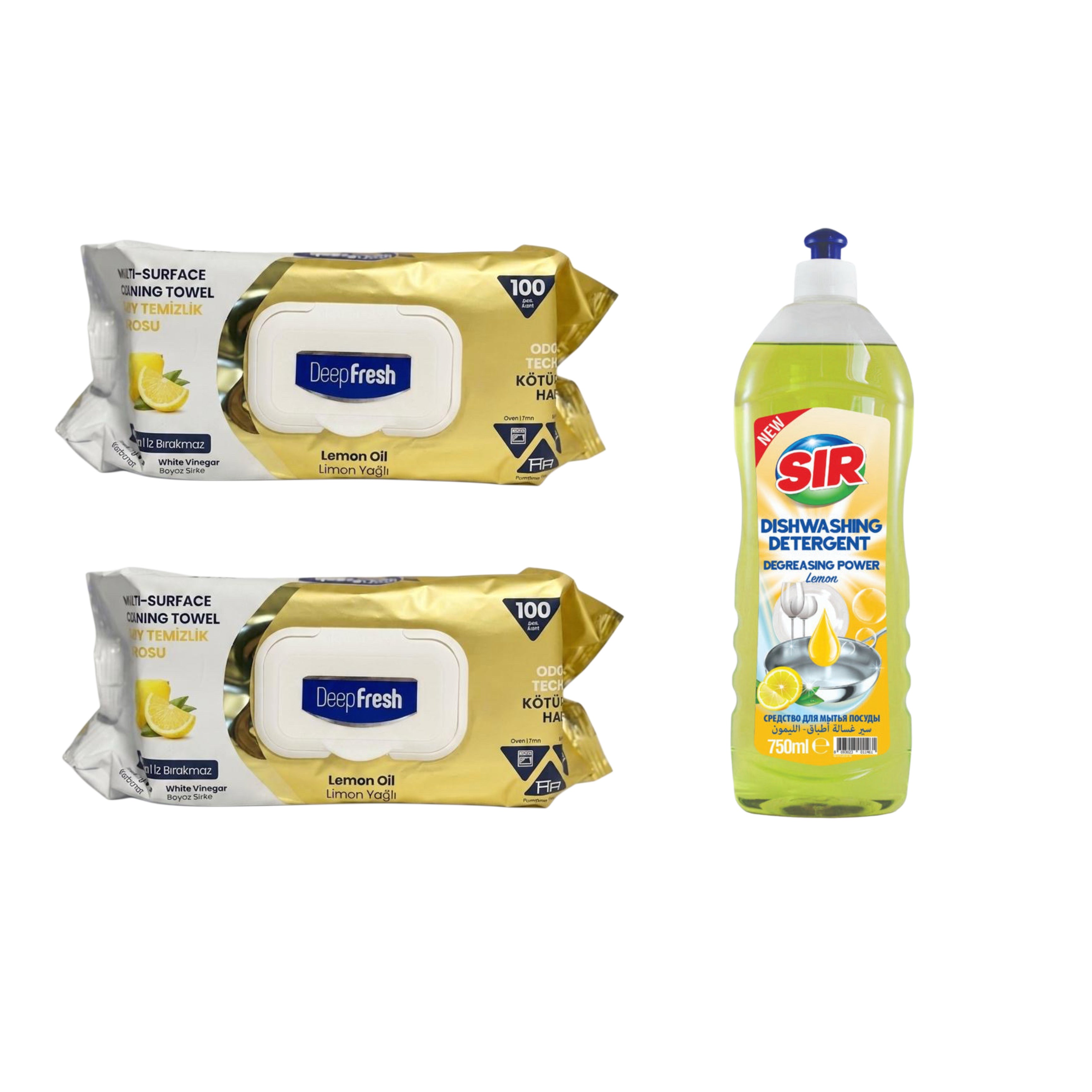 Şerveţele umede pentru multi suprafeţe cu Lămâie, bicarbonat şi oțet Deep Fresh Odor Lock Technology 100 de bucăți x 2 pachete + Detergent lichid pentru vase Sir Lemon 750 ml