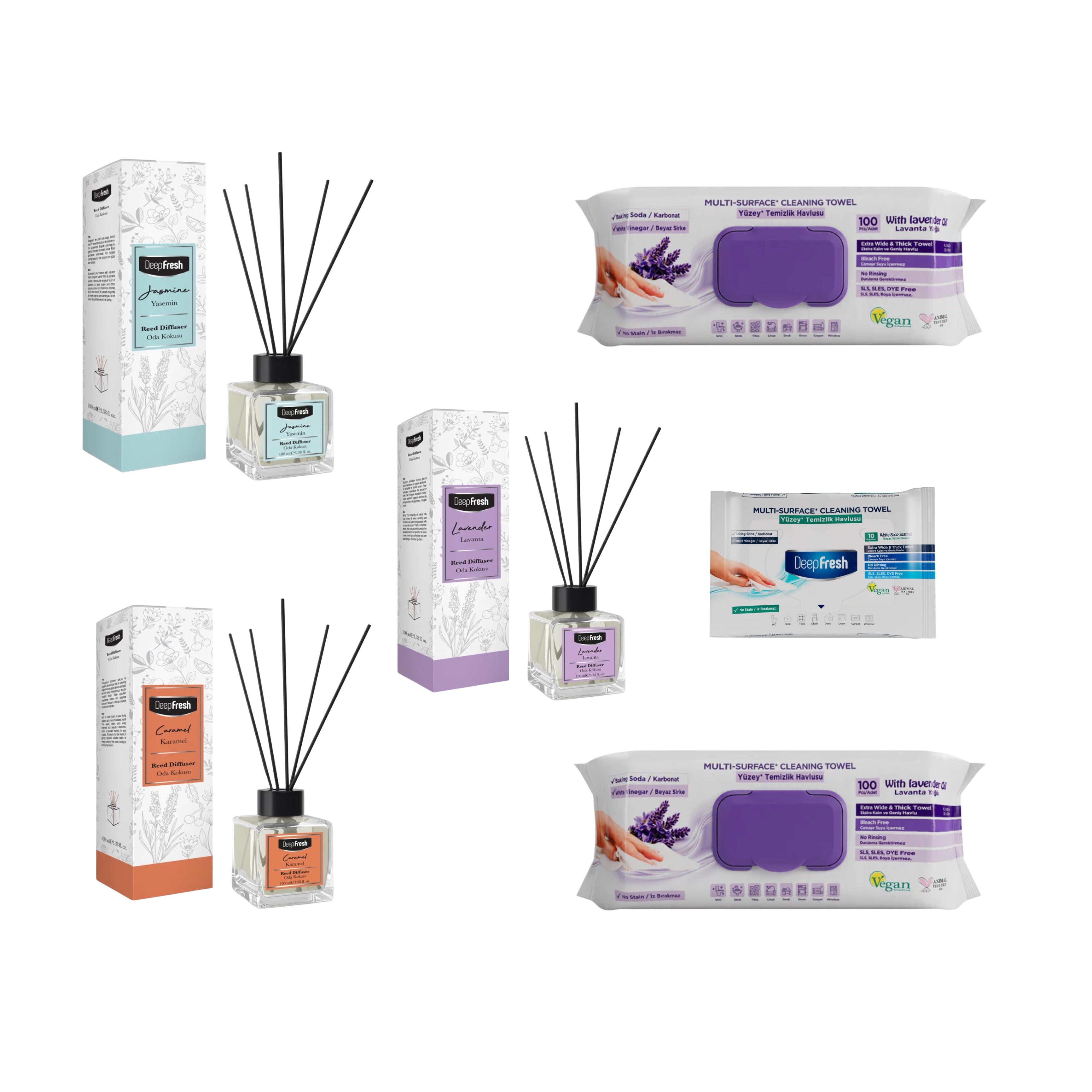 Odorizant de camera cu betisoare DeepFresh 100 ml × 3 bucaţi  + Şerveţele umede pentru multi suprafeţe cu lavandă , bicarbonat şi oțet Deep Fresh 100 de bucăți × 2 pachete  + Servetele umede DeepFresh 10 bucăți