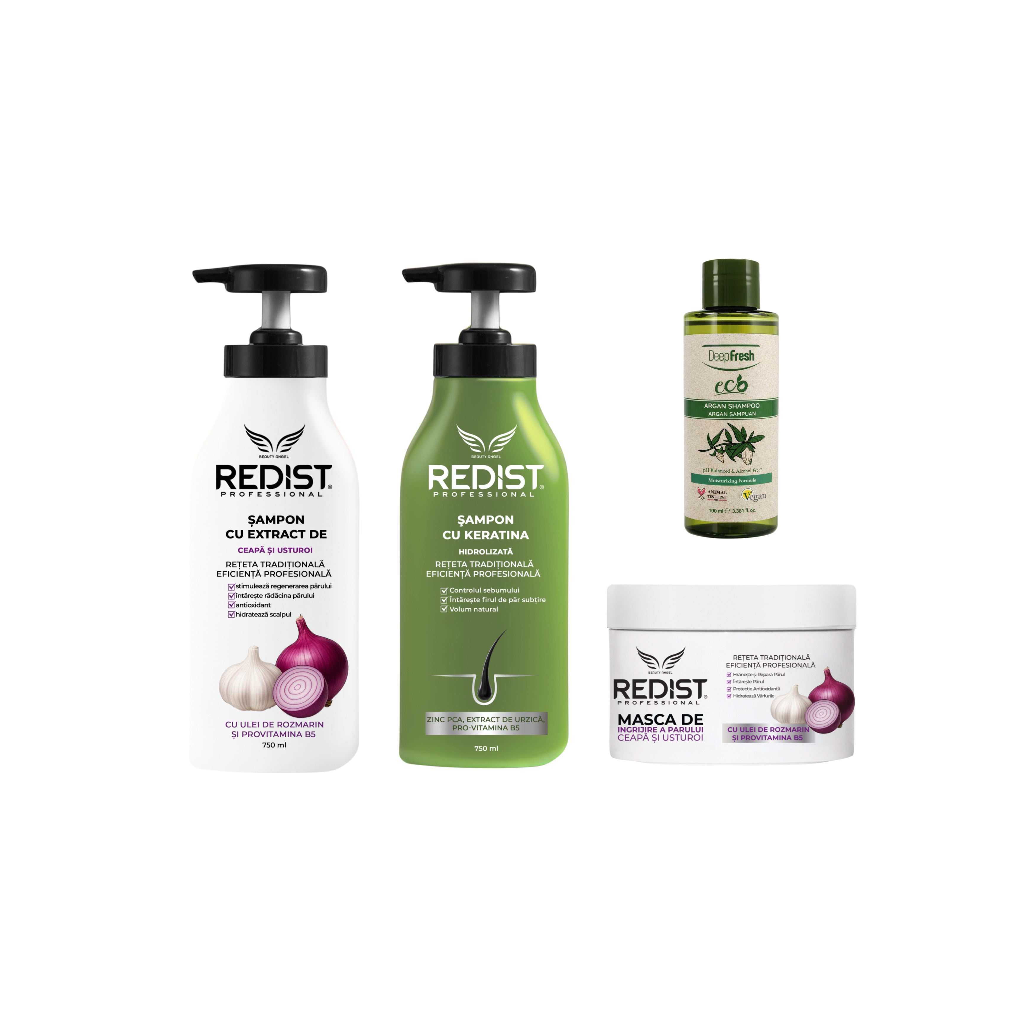 Gama cu extract de ceapă și usturoi Redist + Șampon Keratina hidrolizată Redist + Șampon Eco cu ulei de Argan DeepFresh