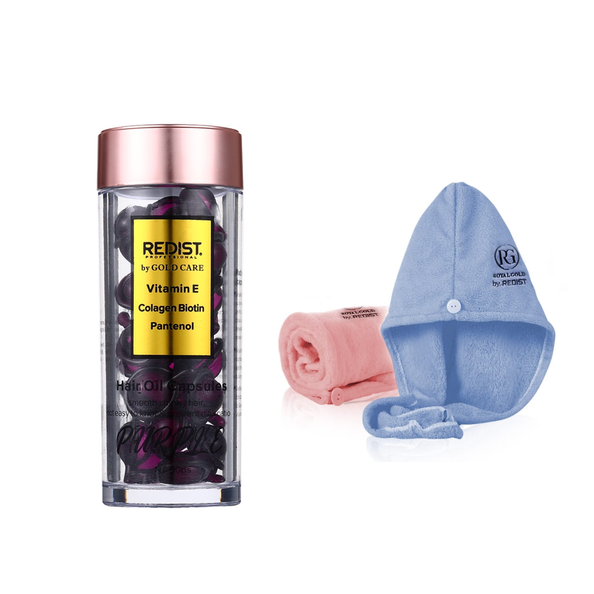 Capsule pentru par cu Biotina Purple Redist 30 buc + Set 2 prosoape pentru par Redist by Royal Gold - Redist