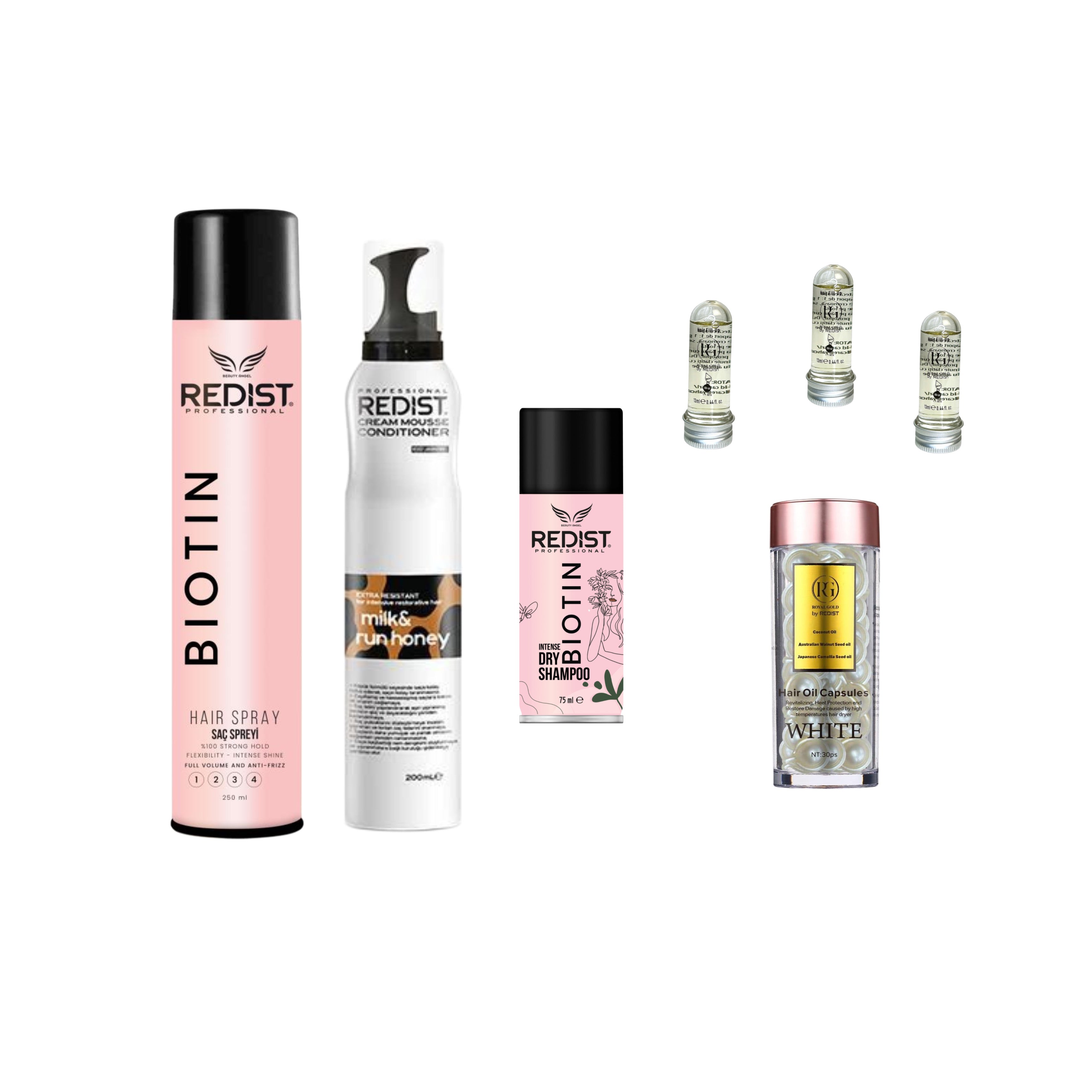 Capsule White Cocos+ Fixativ Biotin + Spumă tratament Milk&Honey + Şampon uscat Biotin + Mască de păr lichidă fiolă tratament × 3 bucăți