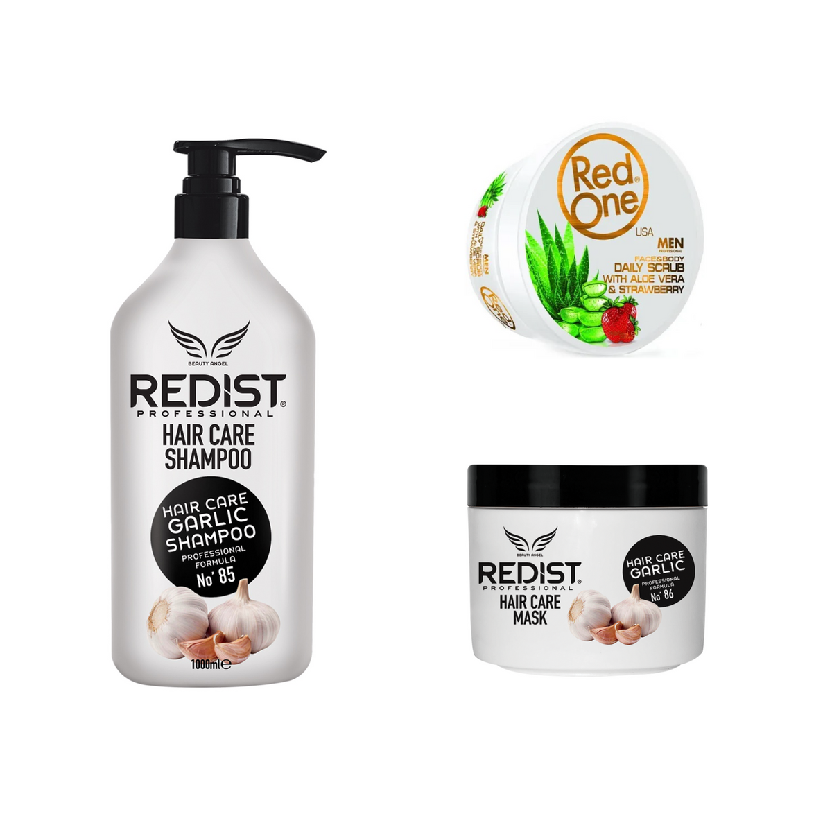 Samponul cu usturoi 1000 ml + Masca cu usturoi + Scrub exfoliant pentru ten și corp cu capsuni și aloe Vera Redone 450 ml - Redist
