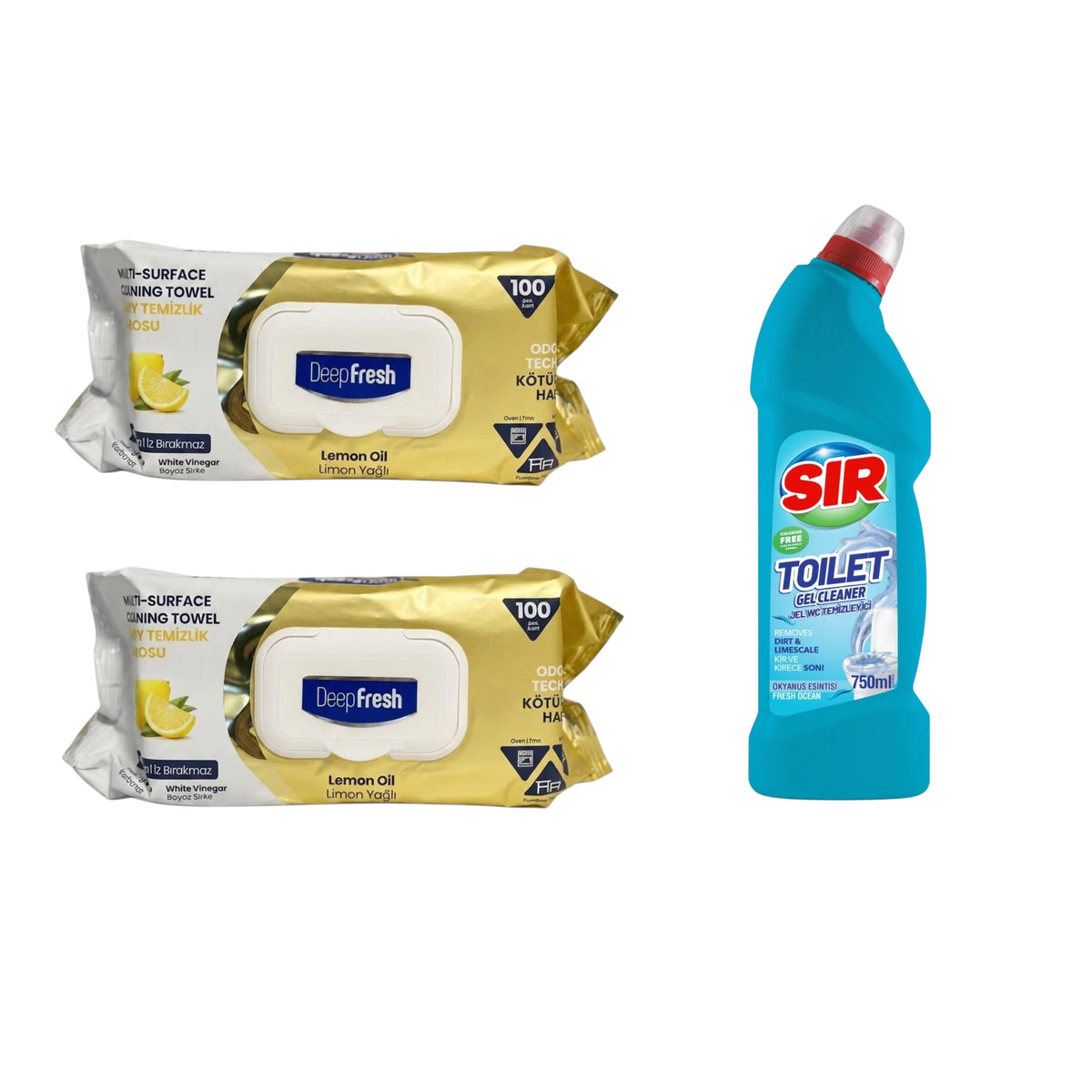 Şerveţele umede pentru multi suprafeţe cu Lămâie, bicarbonat şi oțet Deep Fresh Odor Lock Technology 100 de bucăți x 2 pachete  + Soluție gel de curățare pentru vasul de toaletă Sir Fresh Ocean