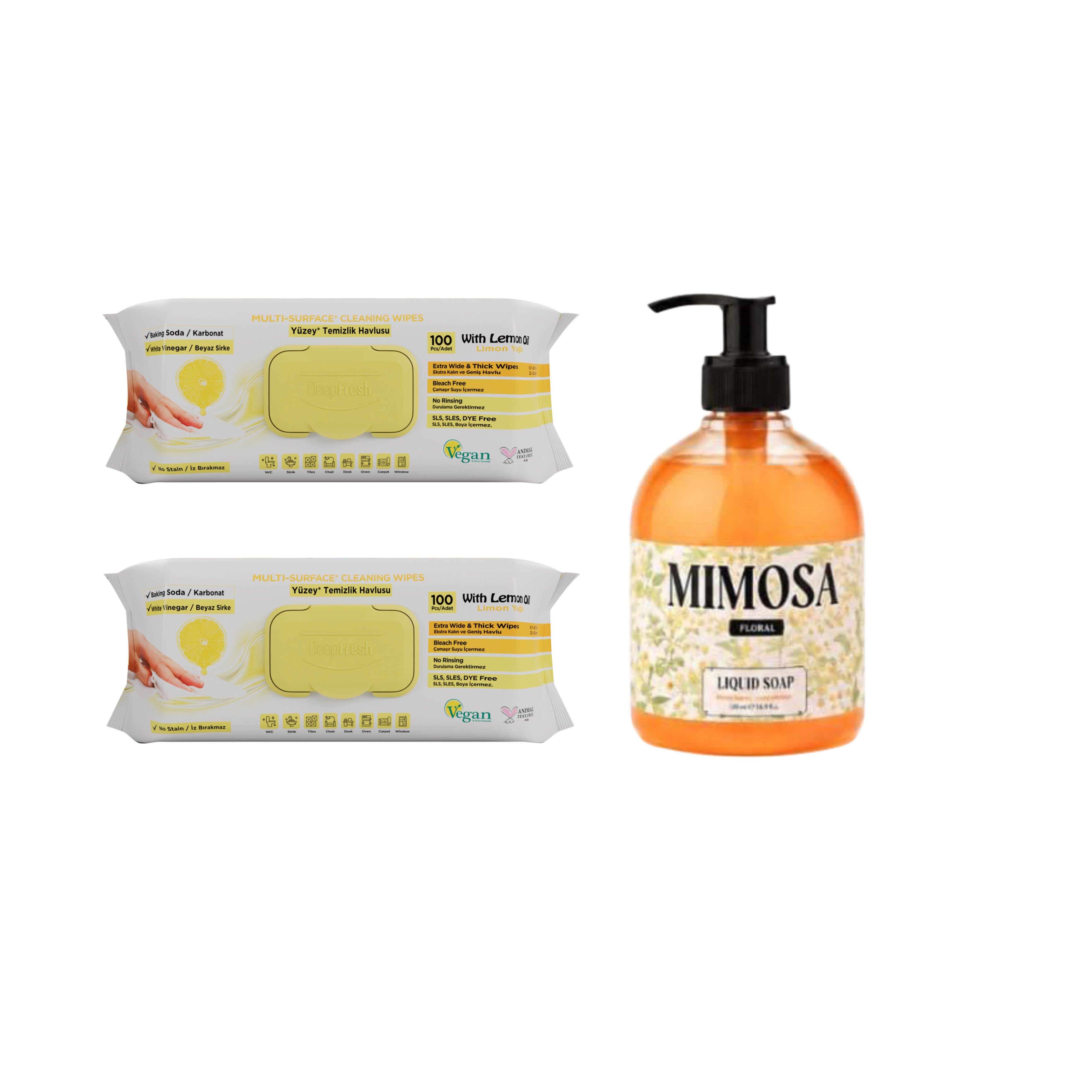Şerveţele multi suprafeţe cu lămâie, bicarbonat şi oțet Deep Fresh 100 de bucăți × 2 pachete + Săpun lichid Mimosa