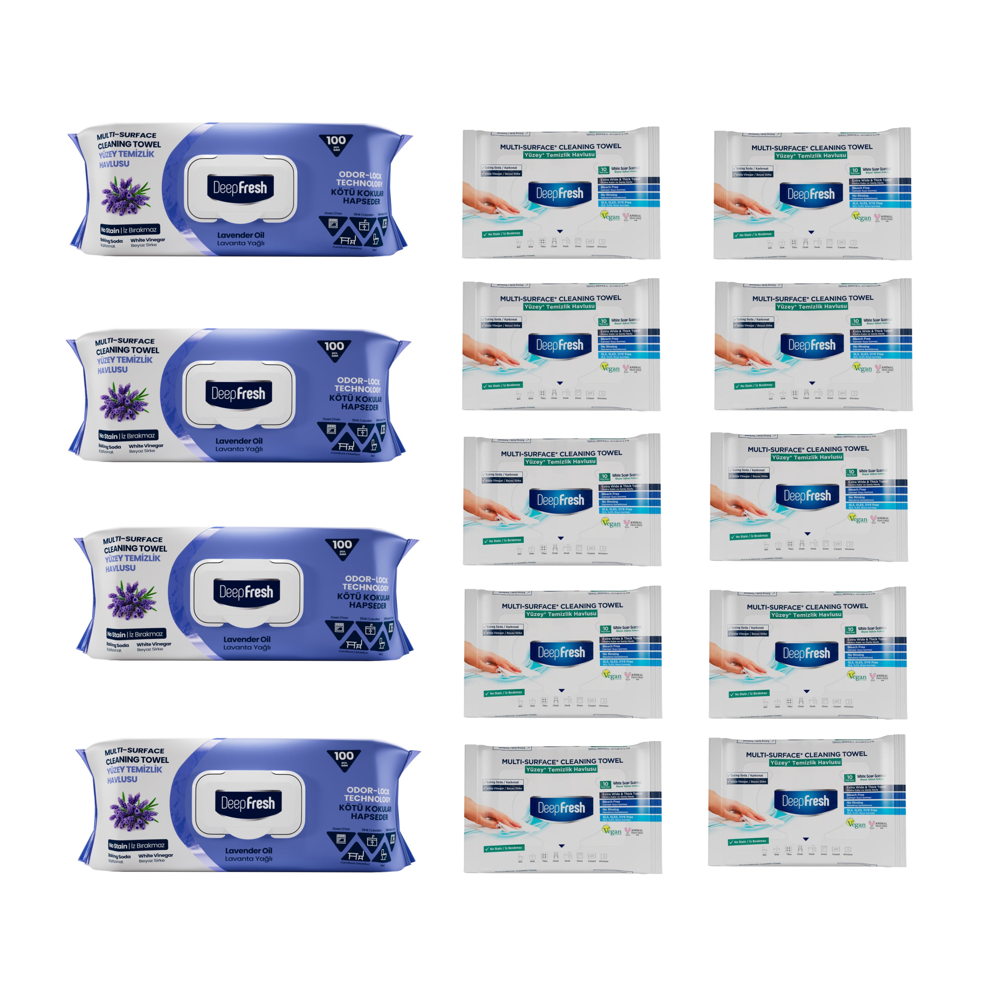 Șervețele mulți suprafețe cu Lavandă bicarbonat și oțet Deep Fresh Odor Lock Technology 100 bucăți × 4 pachete şi 10 pachete mini Șervețele mulți suprafețe cu bicarbonat și oțet 10 bucăți