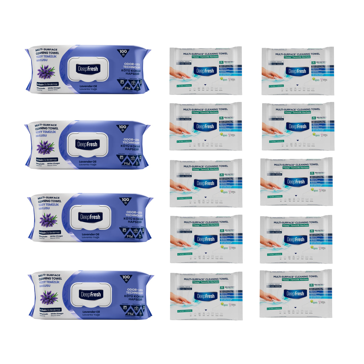 Șervețele mulți suprafețe cu Lavandă bicarbonat și oțet Deep Fresh Odor Lock Technology 100 bucăți × 4 pachete şi 10 pachete mini Șervețele mulți suprafețe cu bicarbonat și oțet 10 bucăți