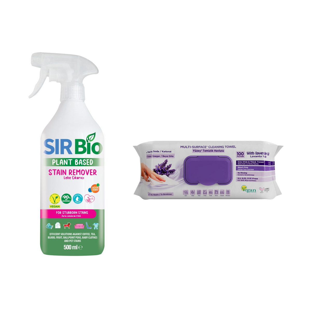 Soluţie pentru ȋndepartarea petelor multi suprafeţe Sir Bio 500 ml + Şerveţele umede pentru multi suprafeţe cu lavandă , bicarbonat şi oțet Deep Fresh 100 de bucăți - Redist