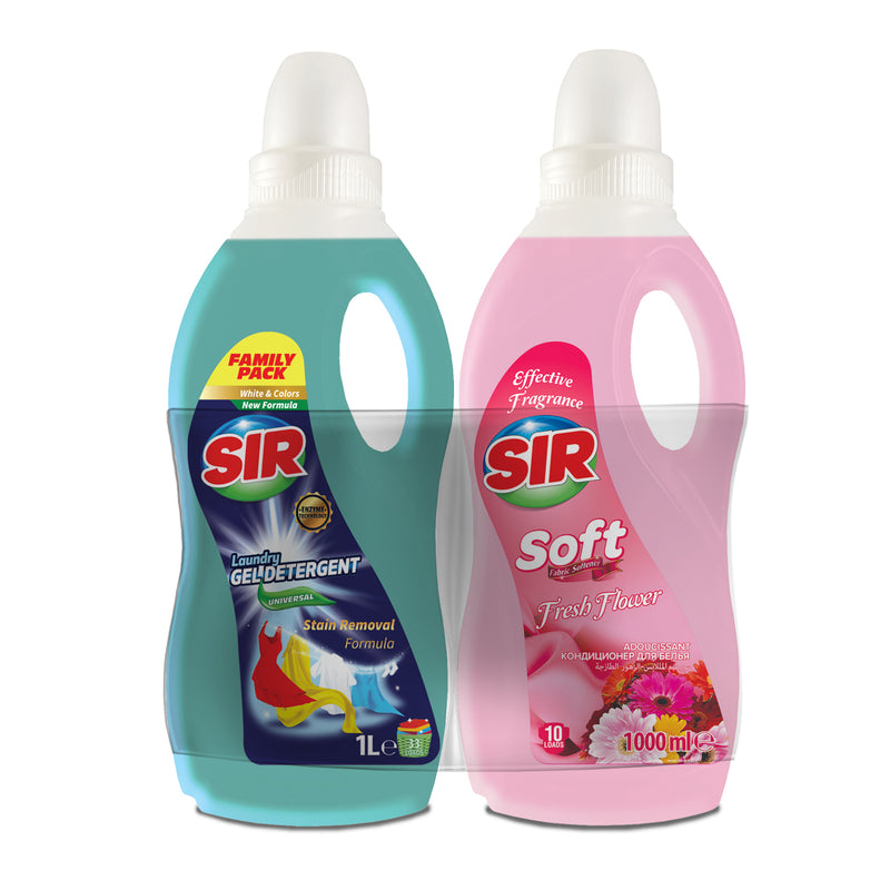 Detergent pentru haine albe și colorate Sir White & Colors 1000 ml și colorate + Balsam pentru rufe Sir Soft Fresh Flower 1000 ml