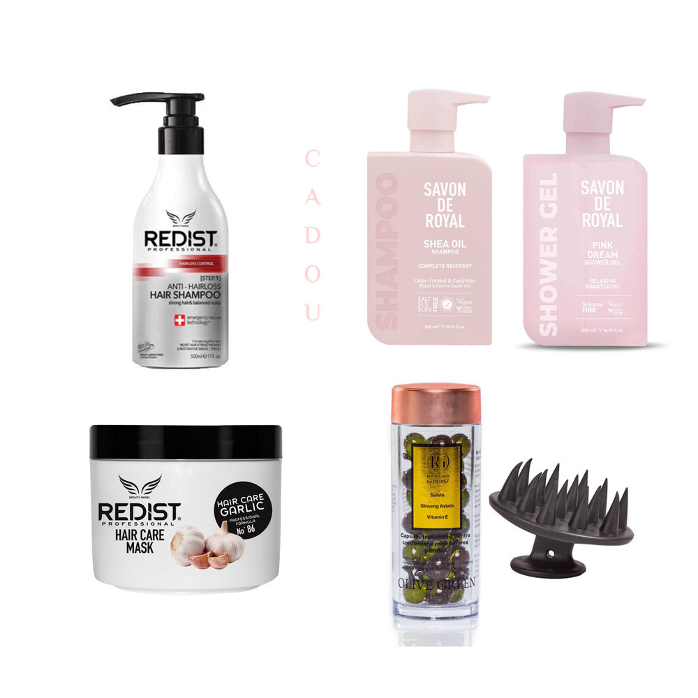 Sampon Impotriva Caderii Parului Redist 500 ml +Masca profesionala cu extract de usturoi Redist 475 ml+Capsule tratament pentru scalp 30 buc+ CADOU : Savon de Royal Shea Oil Shampoo 500 ml+Gel de duș Savon de Royal Pink Dream 500 ml - Redist