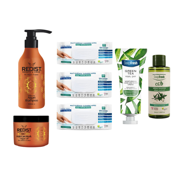 Gama profesională cu ulei de Argan + Şerveţele multi suprafeţe cu bicarbonat şi oțet Clasice Deep Fresh 100 de bucăți × 3 pachete + Cremă mâini și corp Green Tea + Șampon Eco Argan