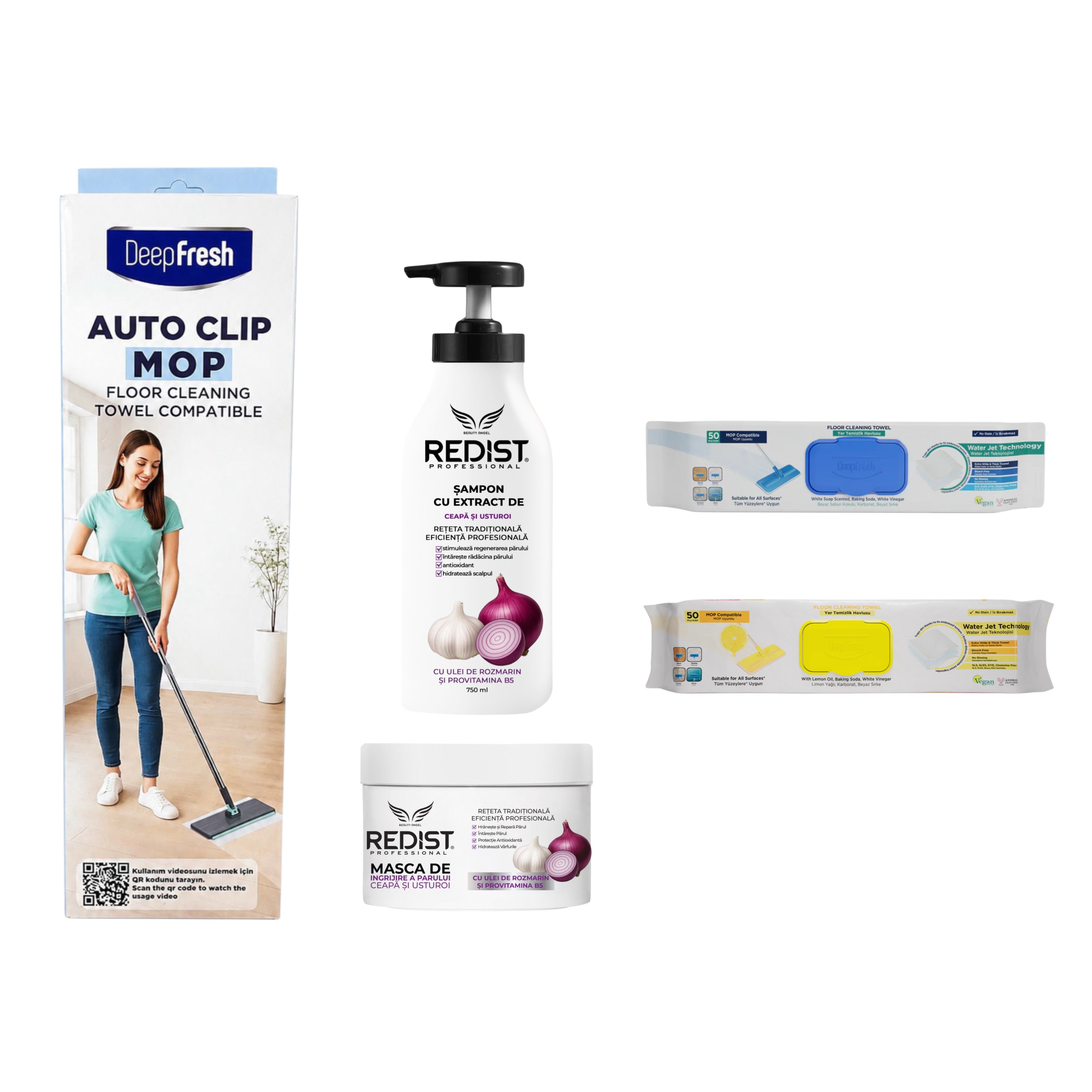 Gama cu ceapă și usturoi + Kit curățenie: Mop cu click Deep Fresh + 2 x rezervă mop lămâie și clasic