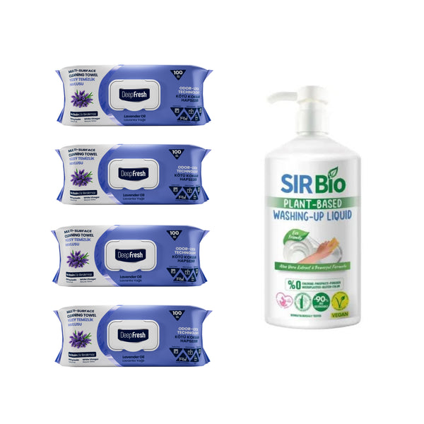 Nou: Șervețele mulți suprafețe cu Lavandă bicarbonat și oțet Deep Fresh Odor Lock Technology × 4 pachete + Detergent pentru vase Sir Bio