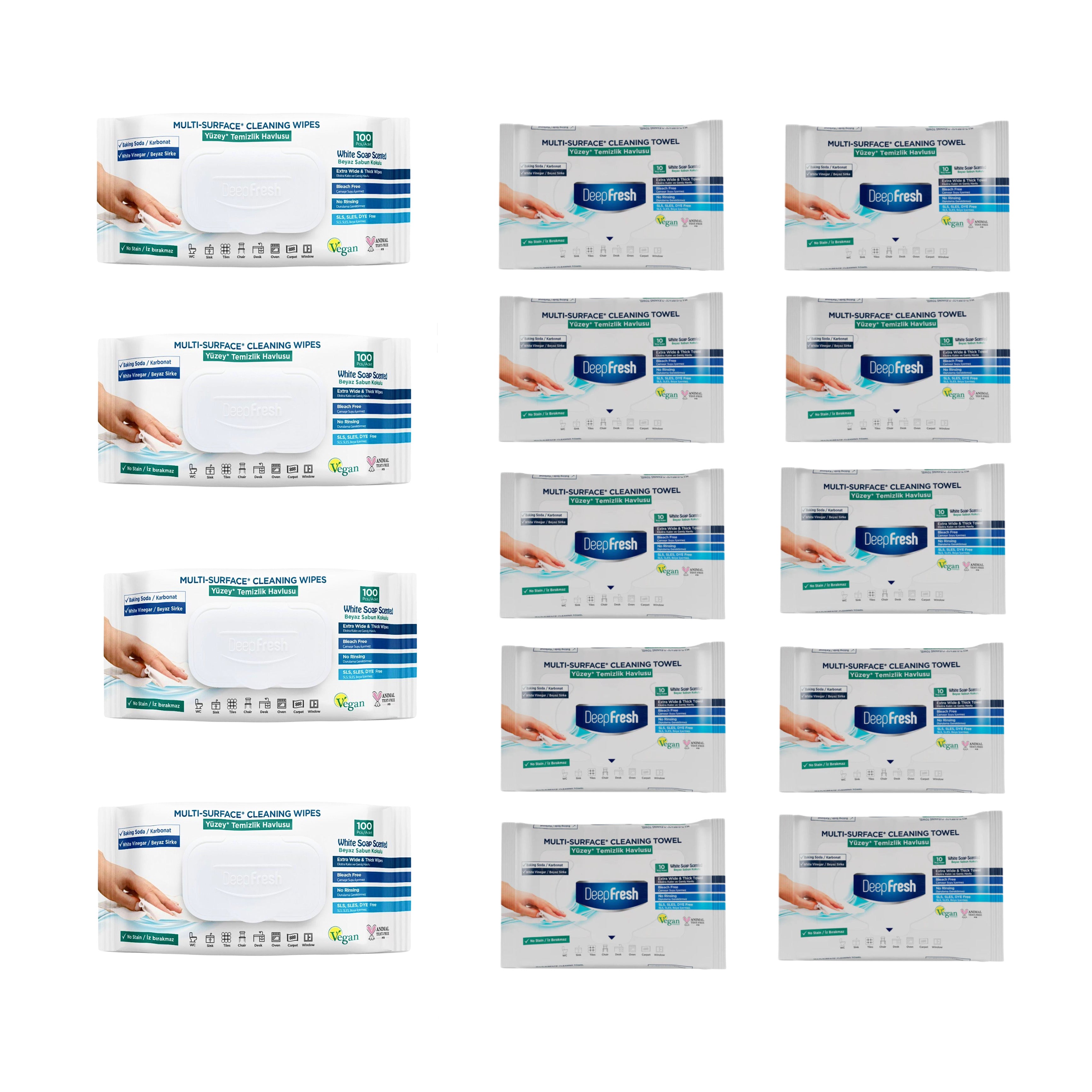 Șervețele mulți suprafețe cu bicarbonat și oțet Deep Fresh 100 bucăți × 4 pachete şi 10 pachete mini cu 10 bucăți