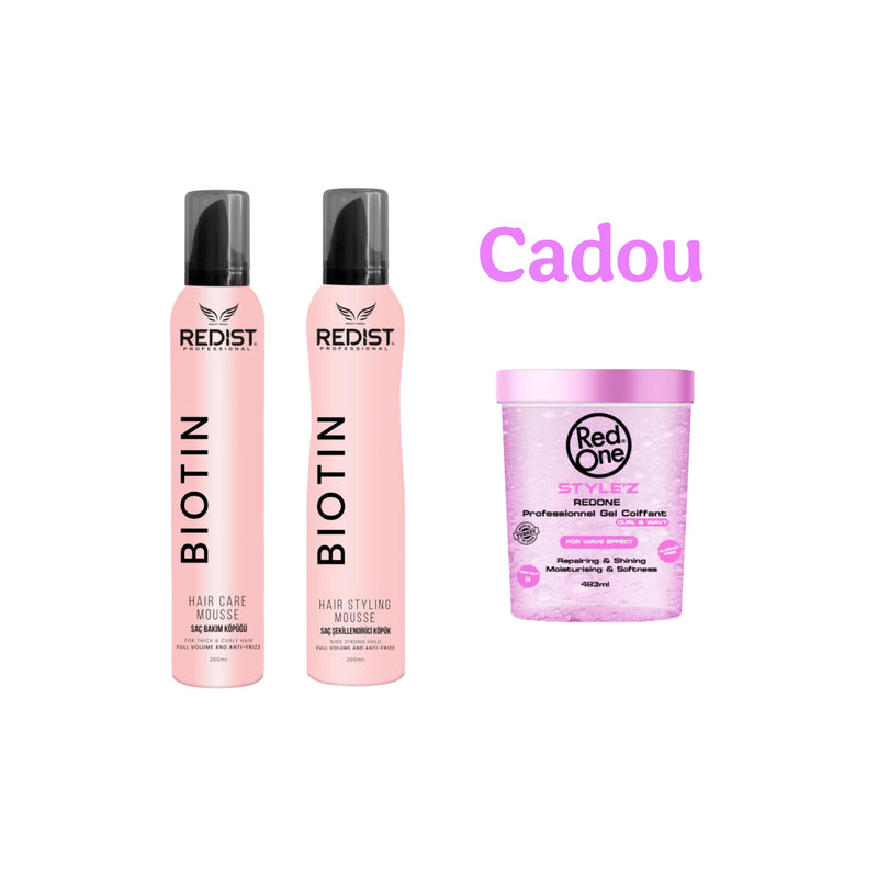 Hair Care Mousse BIOTIN Redist 200 ml + Hair Styling Mousse Biotin Redist 200 ml + CADOU : Gel de par fixator RedOne Curl & Wavy 483 ml