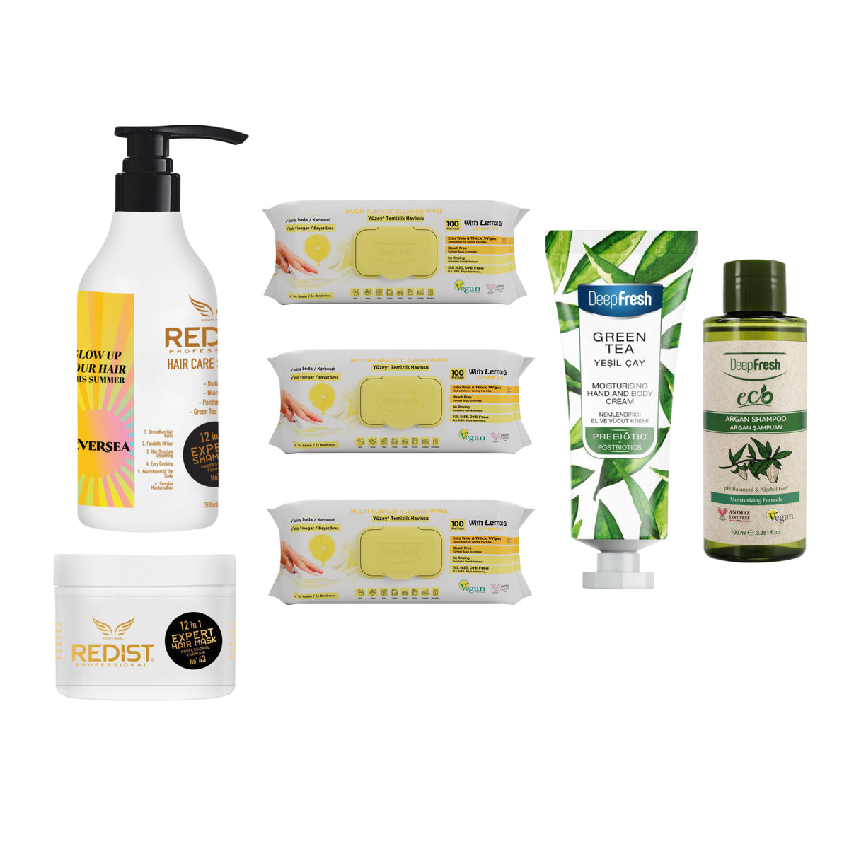 Gama 12 în 1 Expert + Șervețele multisuprafeţe bicarbonat, oțet și lămâie × 3 pachete + Șampon Eco Argan + Cremă mâini și corp Green Tea