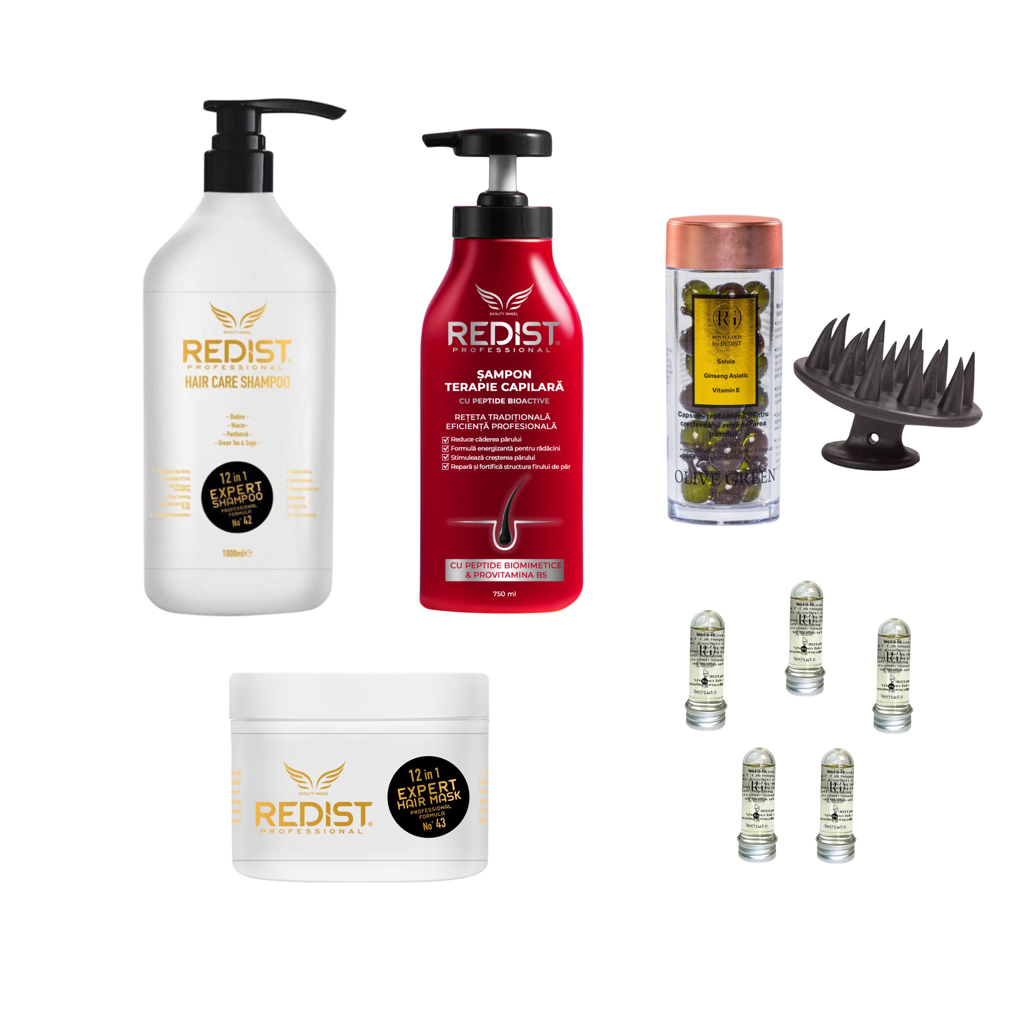 Kit Redist 12 in 1 Creștere si regenerare + Șampon Terapie capilară + Capsule scalp creștere și regenerare + Perie masaj scalp + 5 x mască lichidă