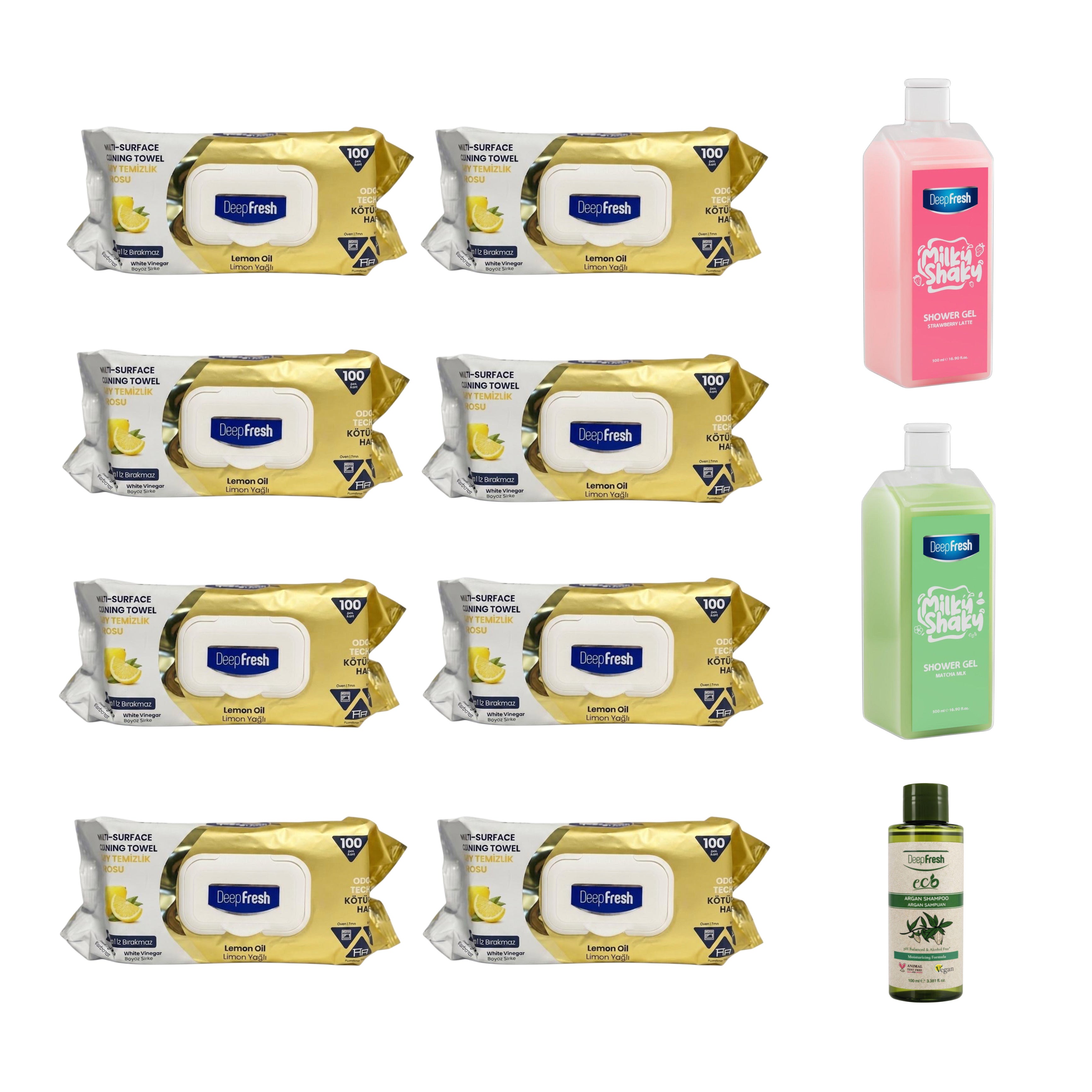 Şerveţele multi suprafeţe cu bicarbonat, oțet și lămâie Odor Lock Deep Fresh 100 de bucăți × 8 pachete + Șampon Eco Argan + Gel de duș Strawberry si Matcha