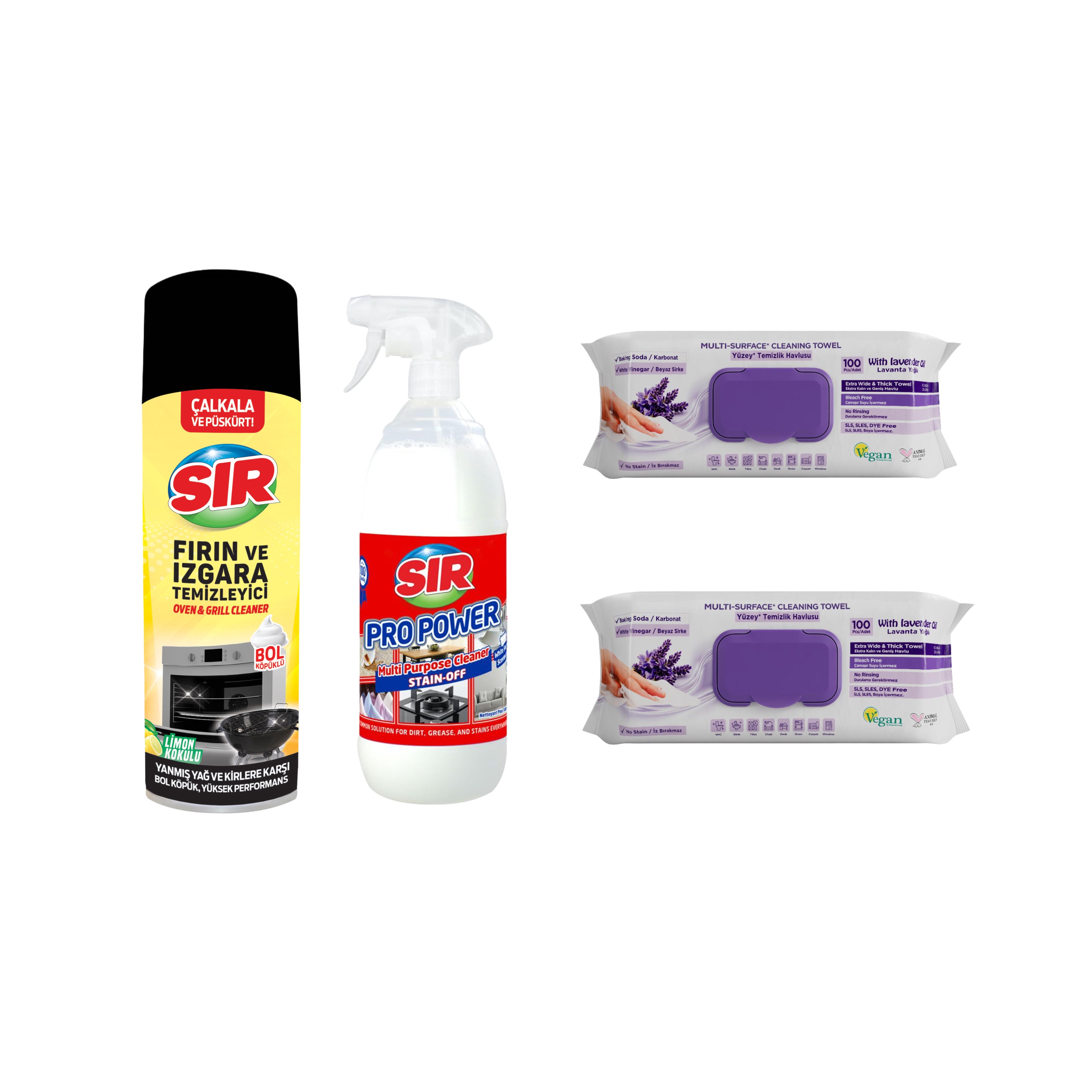 Spray de Curățare pentru Cuptor și Grătar SIR 500 ml + Soluţie pentru ȋndepartarea petelor multi suprafeţe Sir Pro Power 1000 ml + Şerveţele umede pentru multi suprafeţe cu lavandă , bicarbonat şi oțet Deep Fresh 100 de bucăți × 2 pachete