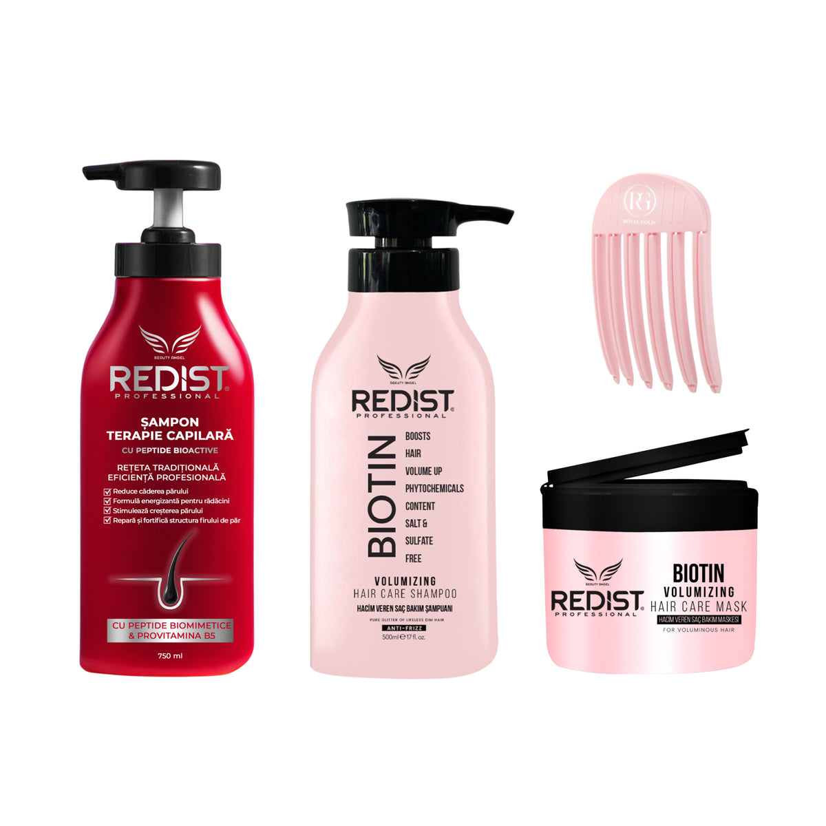 Kit împotriva căderii părului și volum: Șampon Terapie capilară Redist + Gama Biotină Redist + Accesoriu pentru volum