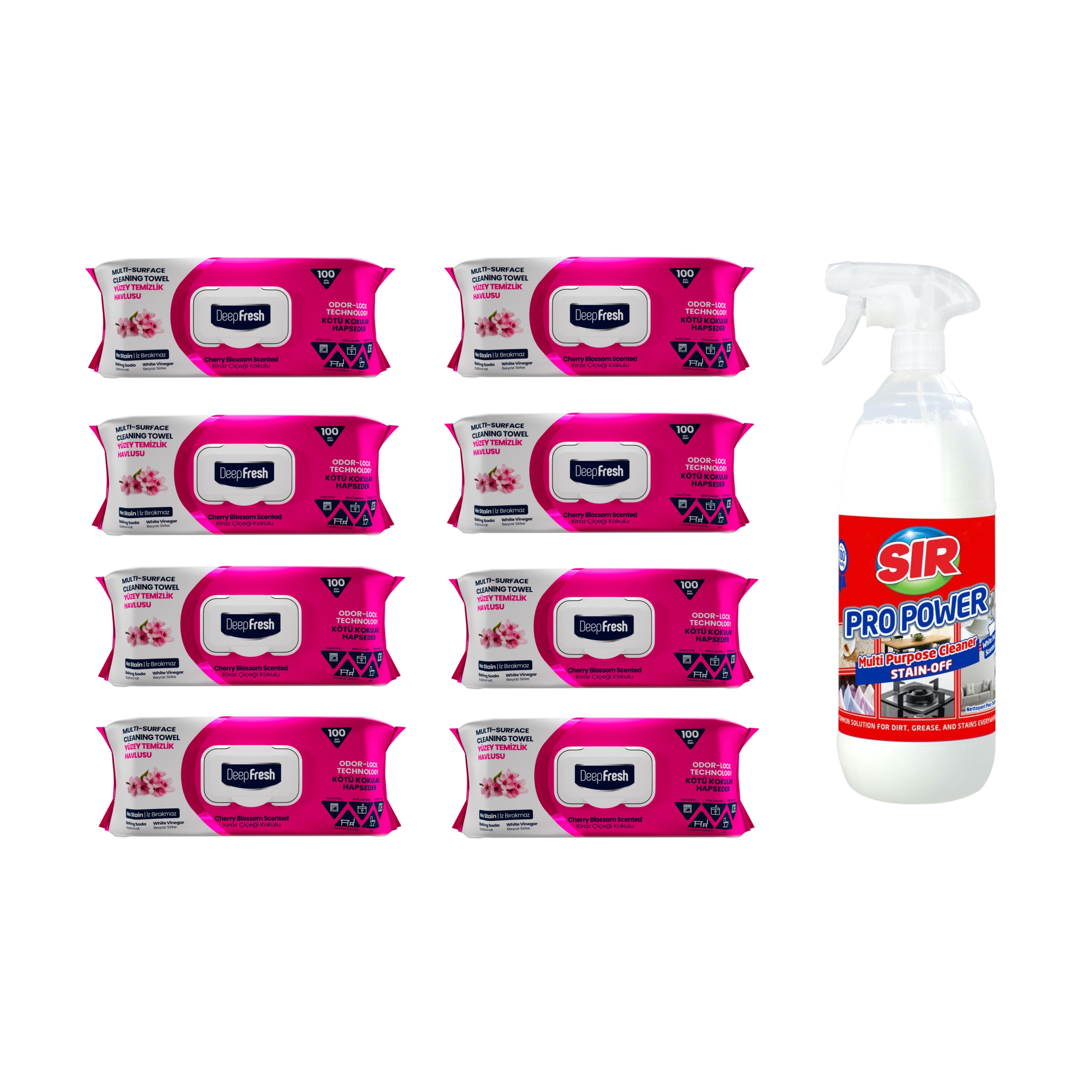Pachet 8 șervețele Odor-Lock technology Deep Fresh Crini + Soluţie pentru ȋndepartarea petelor multi suprafeţe Sir Pro Power