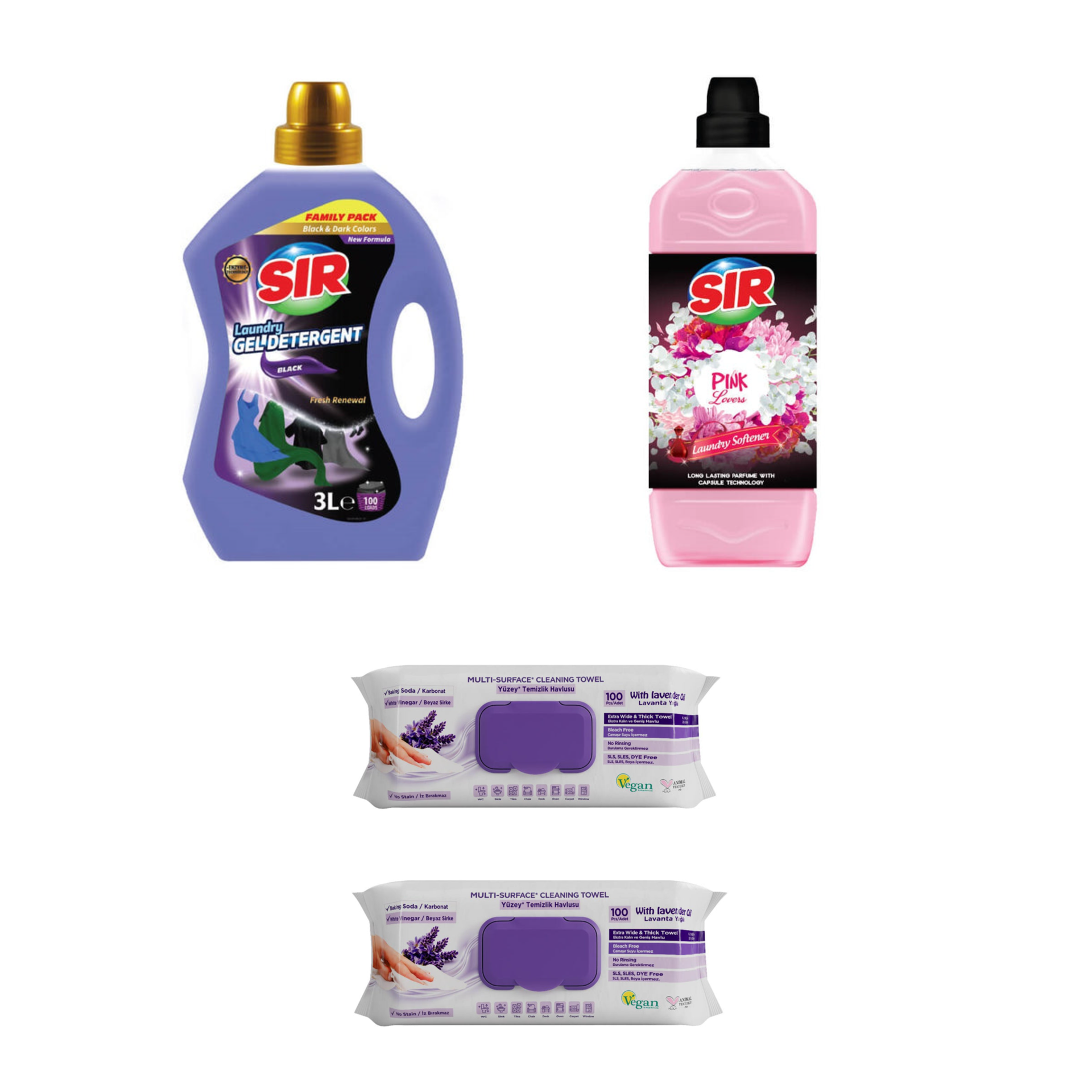 Detergent pentru haine negre Sir Black + Balsam rufe Sir Pink Lovers + Şerveţele umede multi suprafeţe cu lavandă , bicarbonat şi oțet Deep Fresh 100 de bucăți × 2 pachete